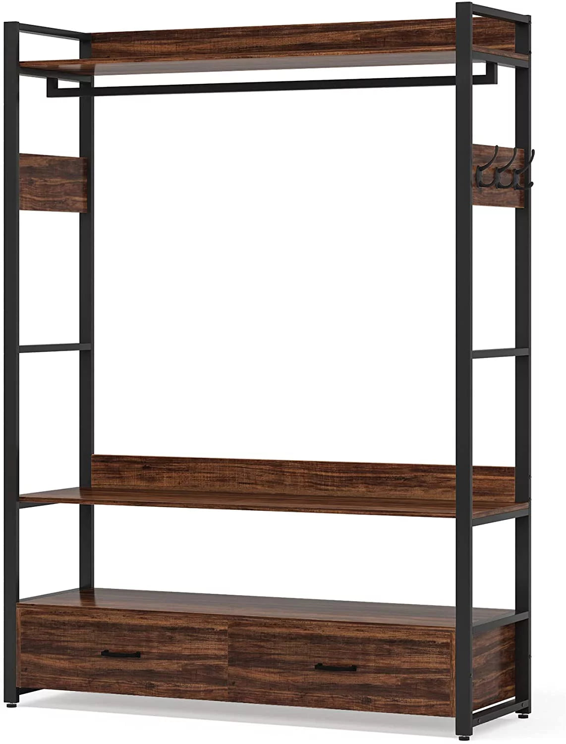 Heavy Duty Clothes Rack with Shelves, Hanging Rod and 2 Drawers, Rustic Brown P367