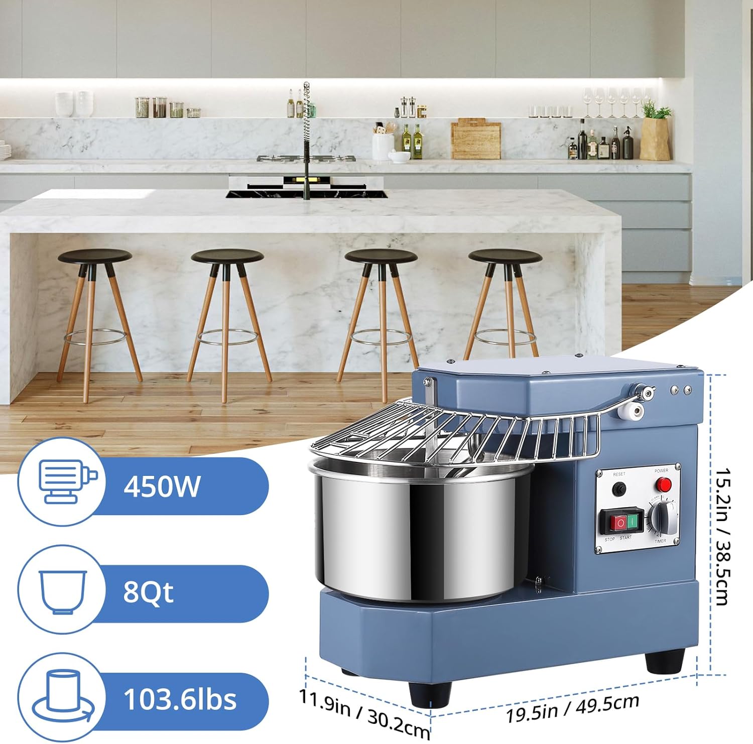 Dough Mixer, 8Qt Stainless Steel Bowl, 450W Dual Rotating Kneading Machine with Timer N435