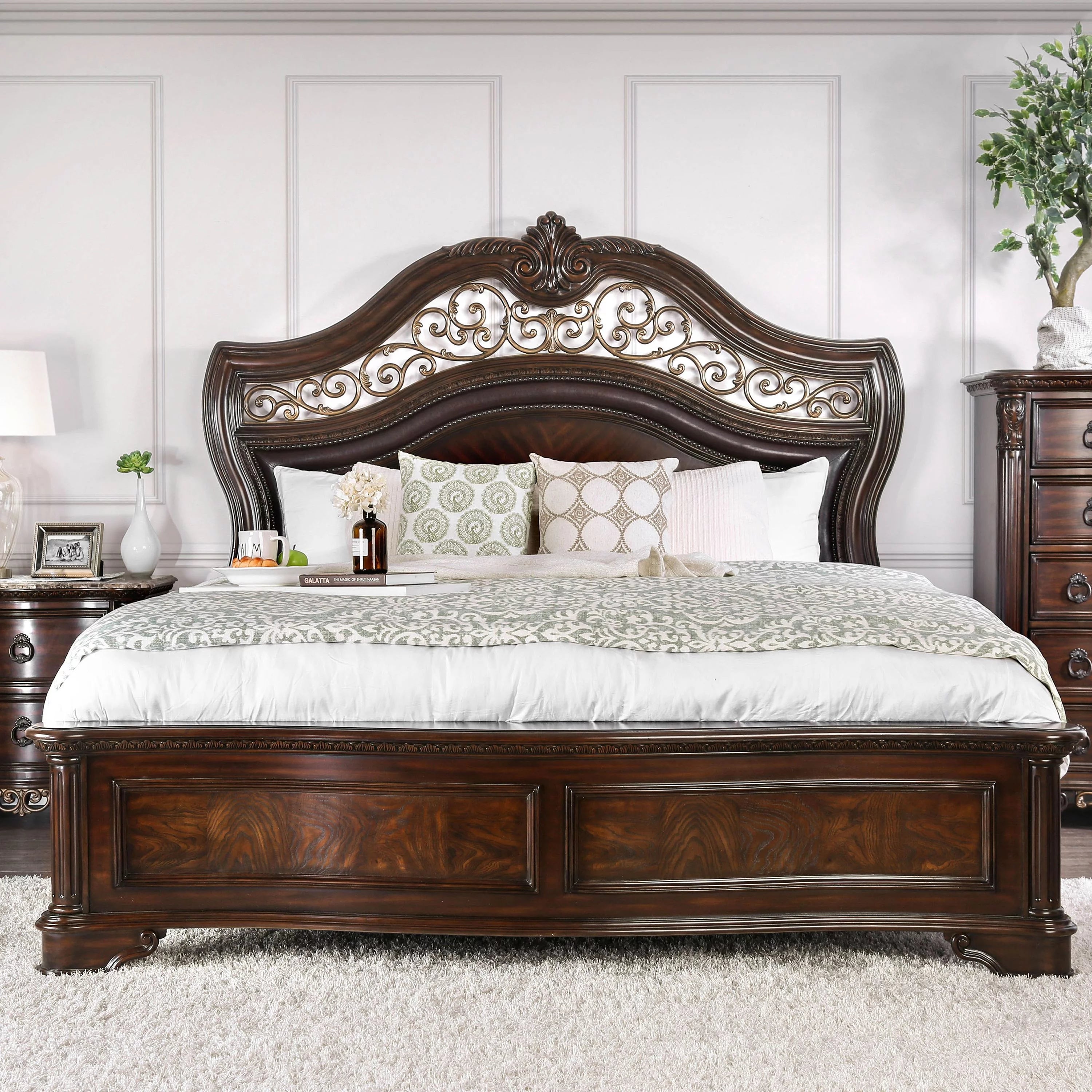 Wood Panel Bed, Queen, Brown Cherry P210411