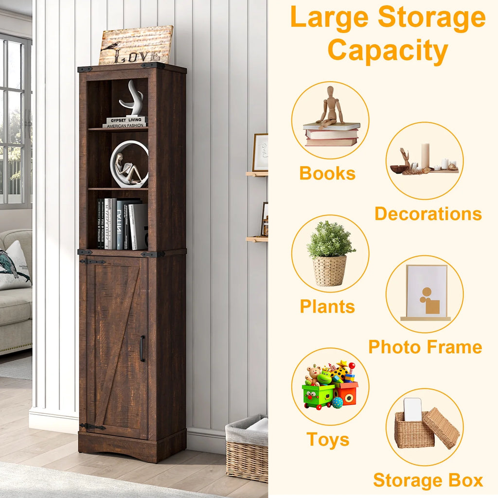 Farmhouse Storage Cabinet, 5-Shelf Tall Bathroom Organizer with Barn Door, Brown D6816