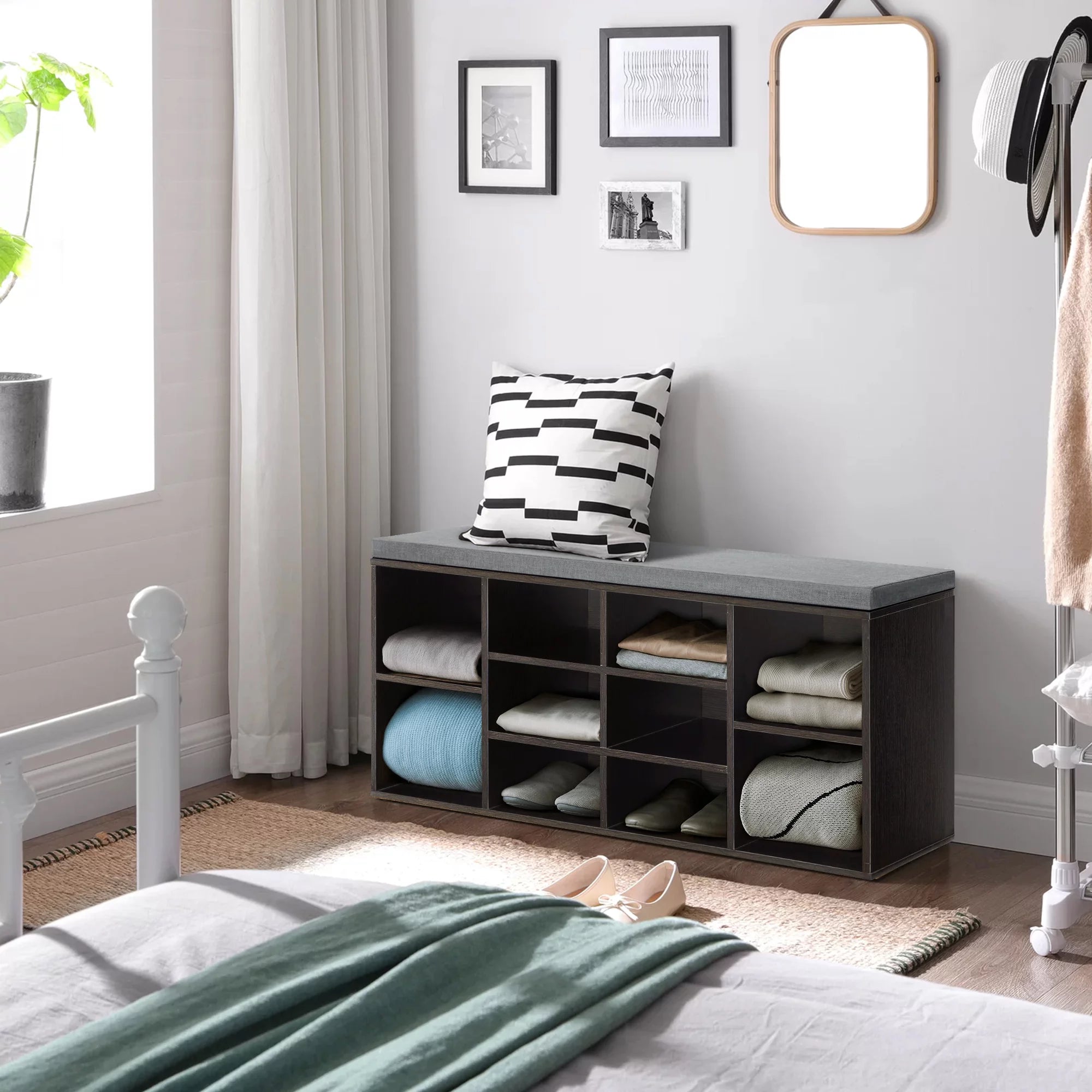 Shoe Storage Bench with 3-Tier Shoe Rack and Adjustable Shelves L2474
