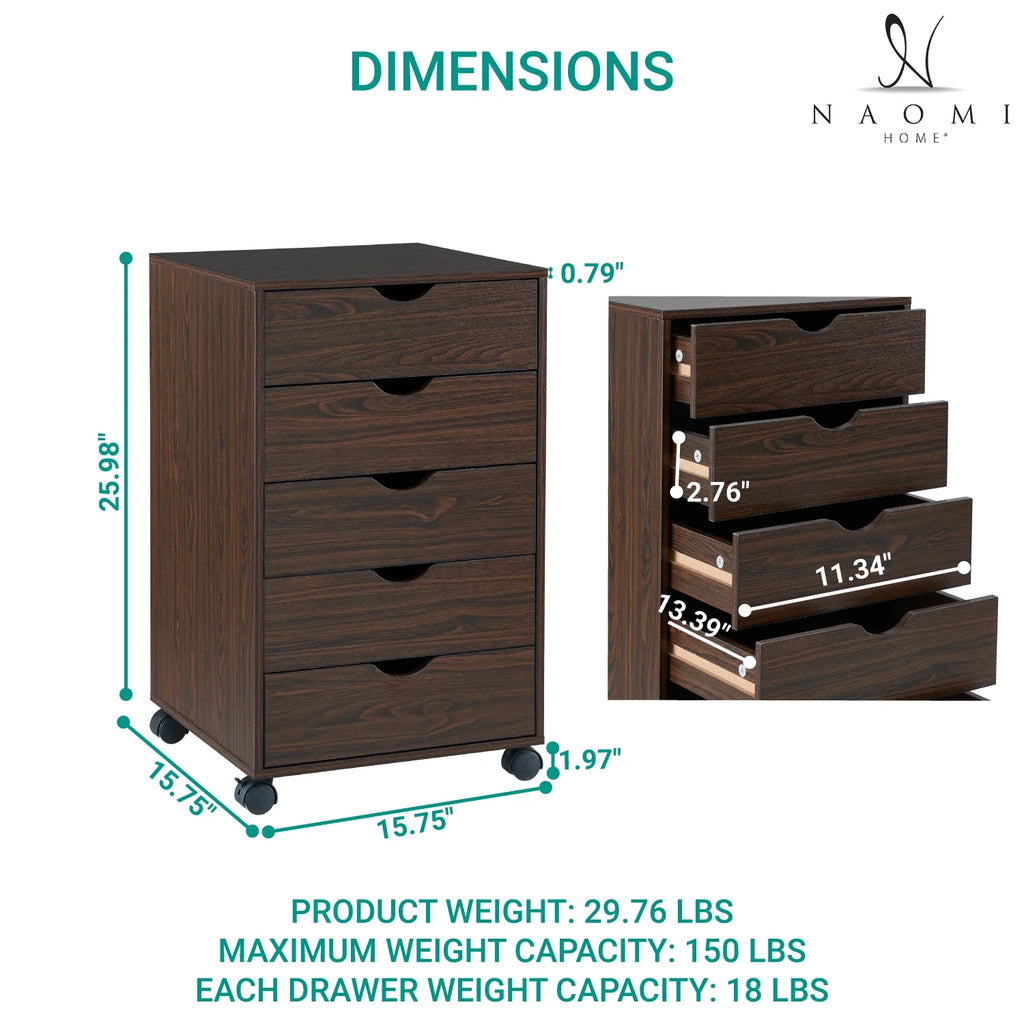 5 Drawer Chest with Wheels, Wood Storage Dresser - Espresso B12627