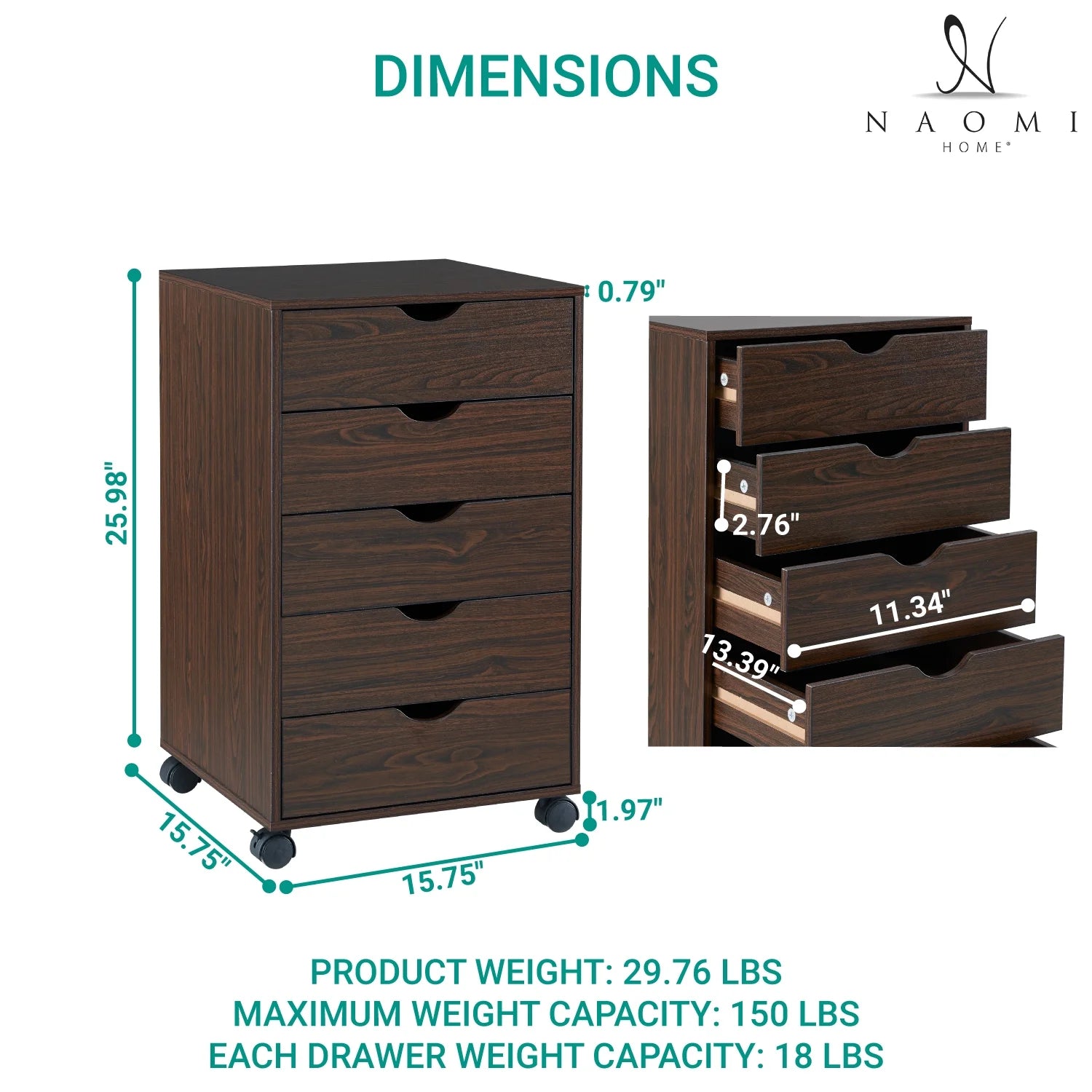 5 Drawer Chest with Wheels, Wood Storage Dresser - Espresso B12627