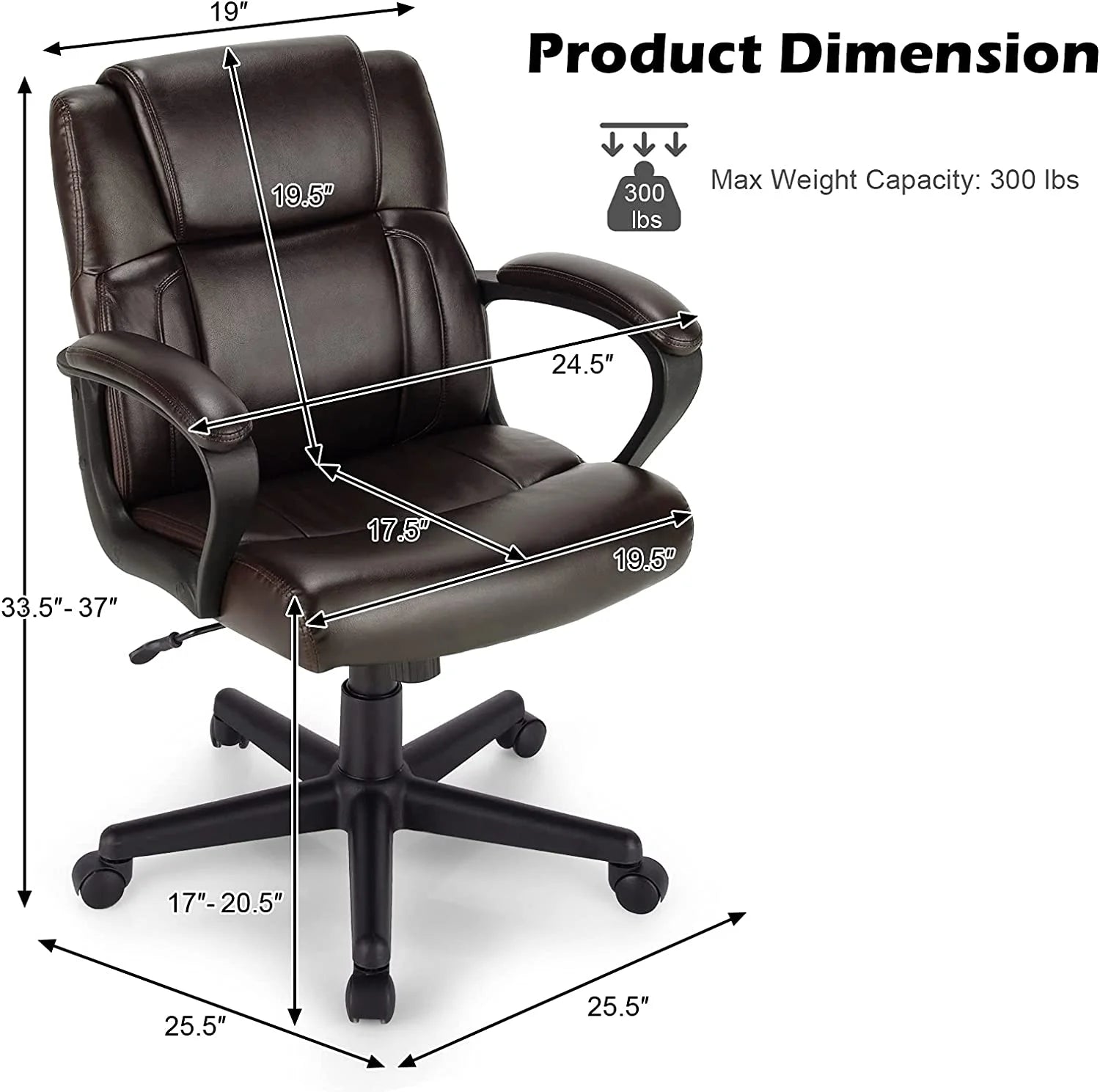 Office Chair Leather Ergonomic Mid Back Computer Desk Chair with Padded Armrests, Dark Brown R8686