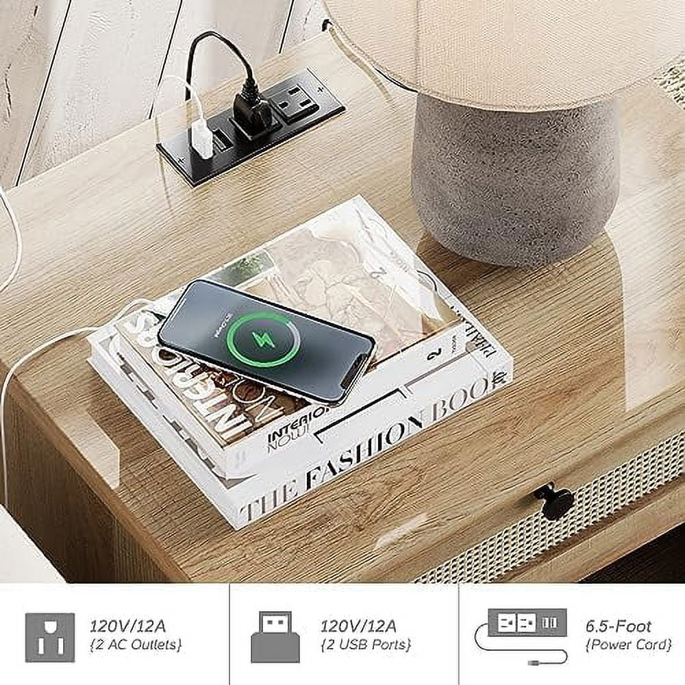 Rattan Nightstand End Table with Charging Station and 2 Drawers T753