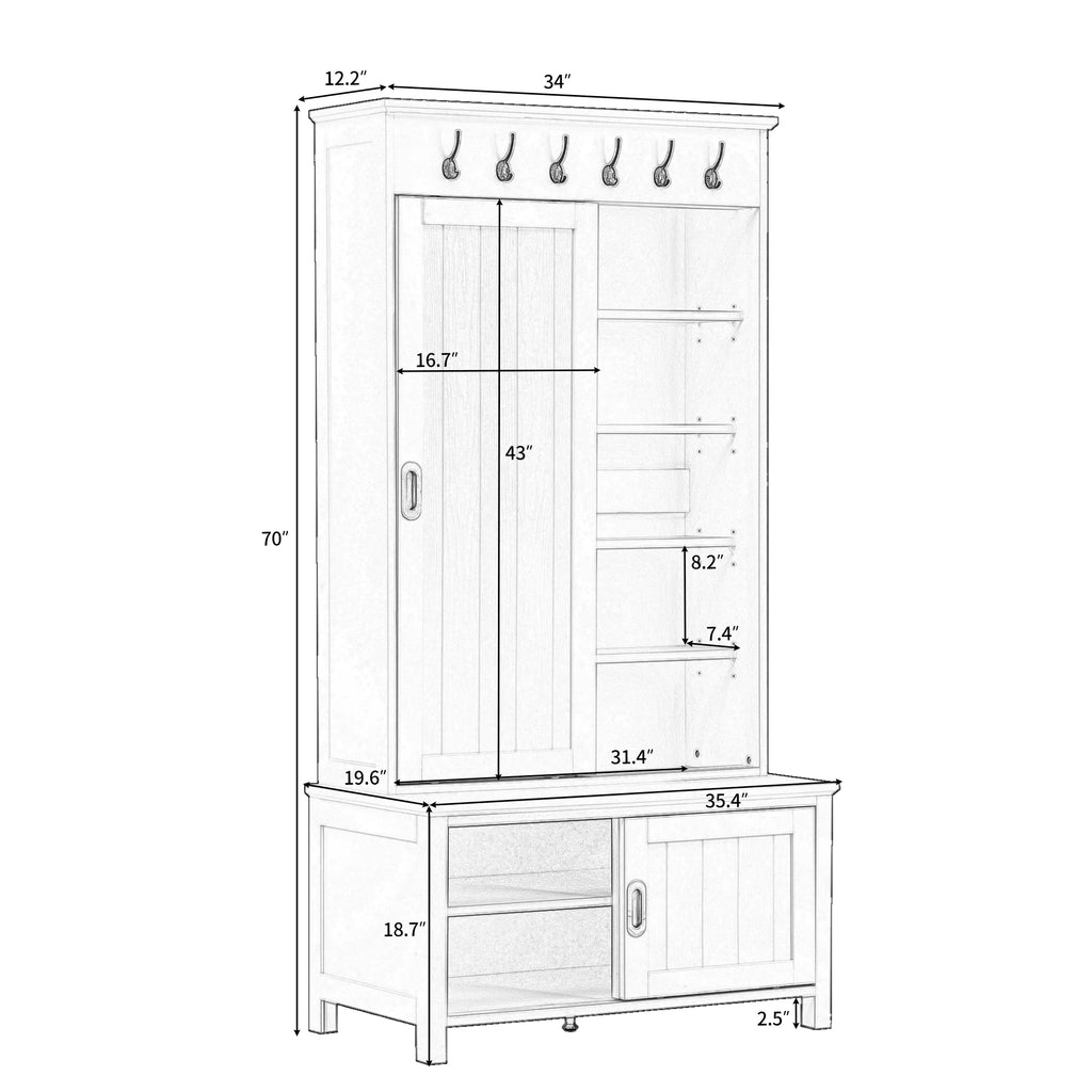 Hall Tree with Sliding Doors, Wooden Shoe Cabinet with Storage Bench and Shelves K116