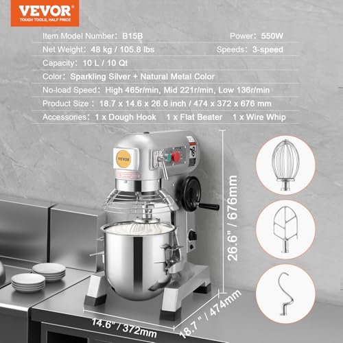 Commercial Food Mixer 10Qt Stainless Steel Bowl, 450W Stand Mixer with 3 Speeds U88115