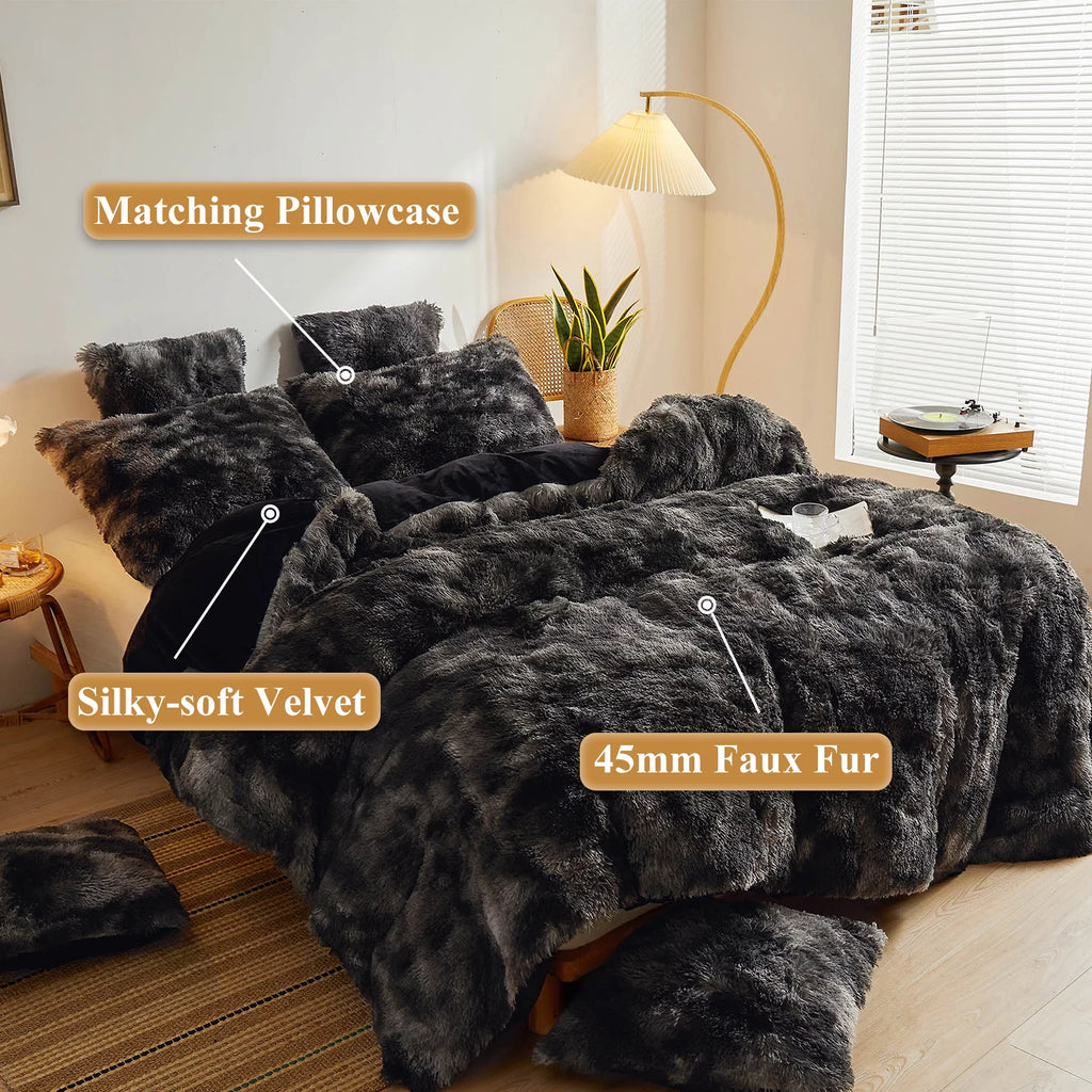 Tie Dye Plush Shaggy Duvet Cover Set, 3 Pieces Soft Velvet Fluffy Furry Bedding Set with Zipper Closure, Queen T1380