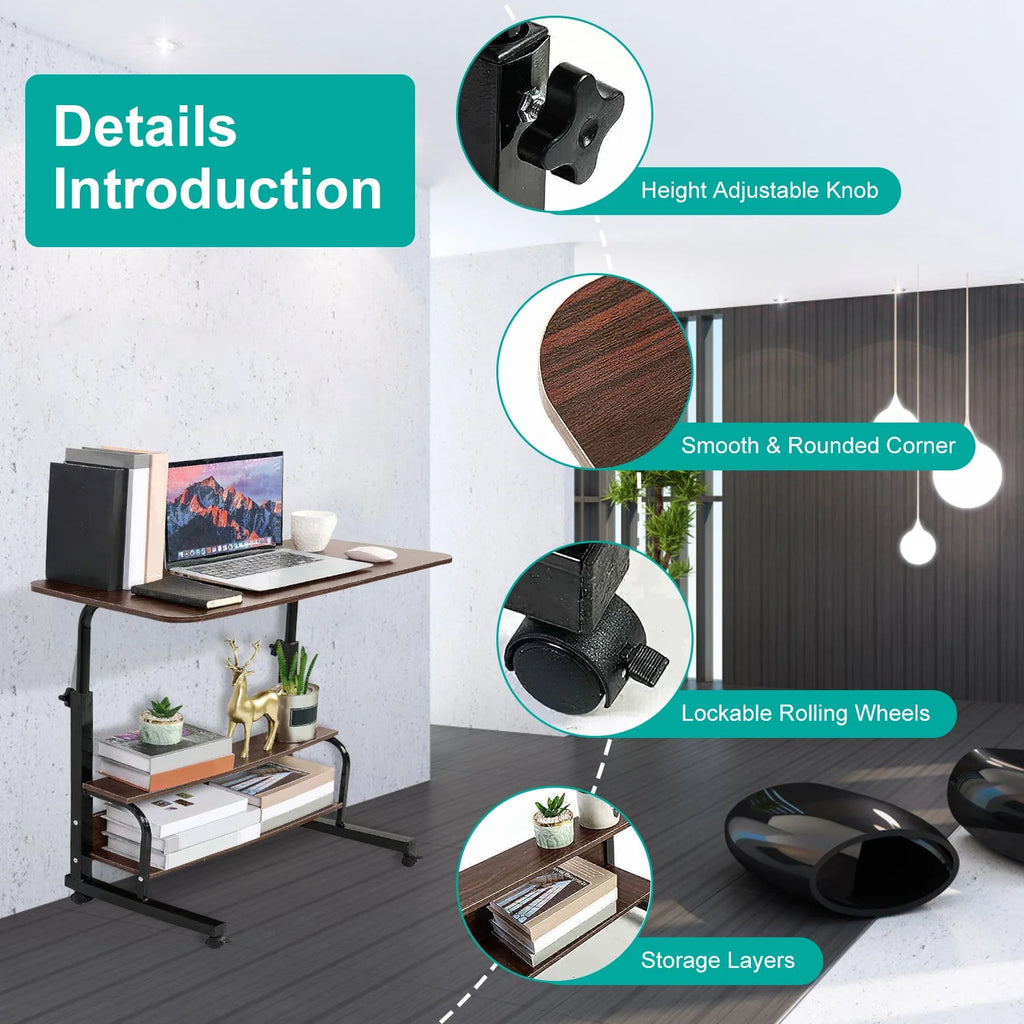 Mobile Laptop Table 3-Tier with Wheels, Height Adjustable, Beige S11889