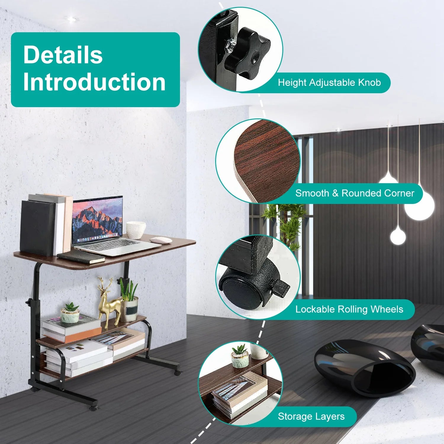 Mobile Laptop Table 3-Tier with Wheels, Height Adjustable, Beige S11889