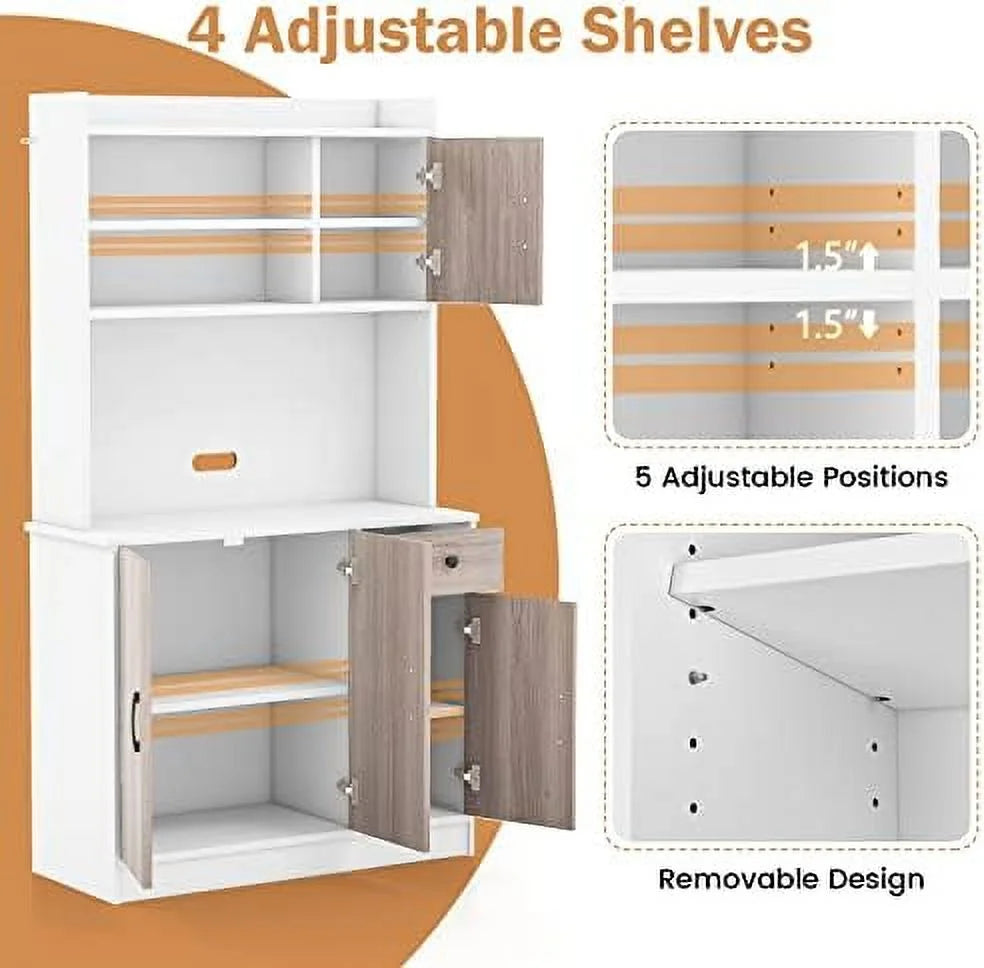 Kitchen Pantry Cabinet 71'' Freestanding Microwave Cupboard with 3 Cabinets and Drawer P5840