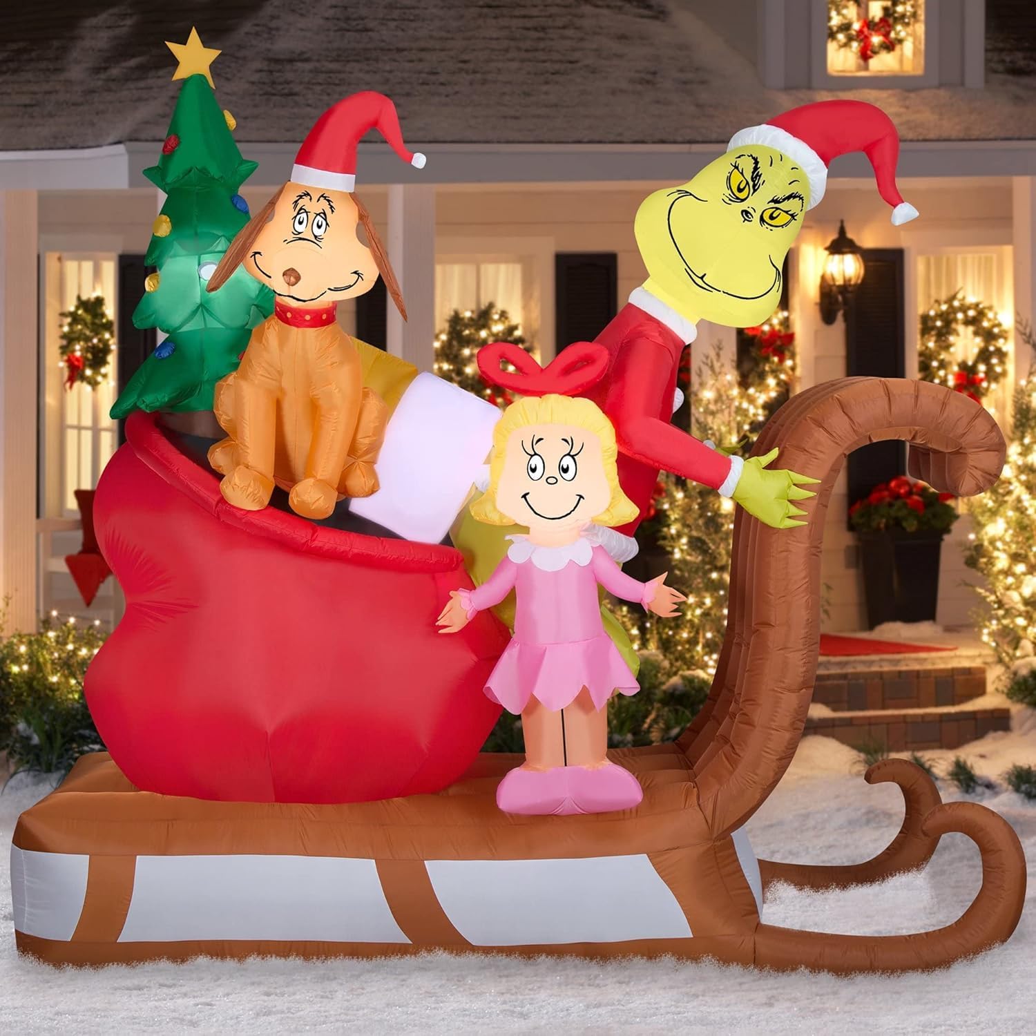 9ft Airblown Inflatable Grinch with Max and Cindy Lou Who on Sleigh Christmas Decor T48530