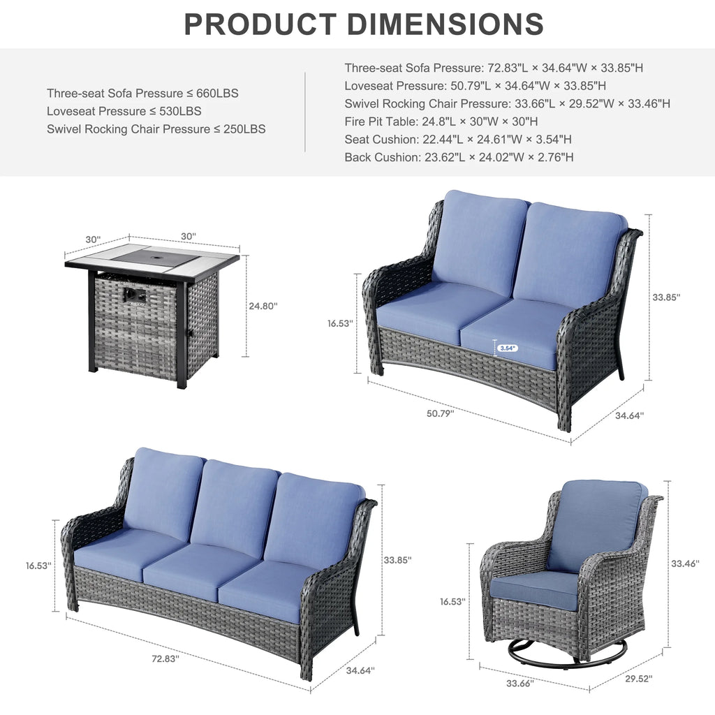6 Piece Outdoor Patio Furniture Set with Fire Pit Table and Wicker Sectional Sofa W651
