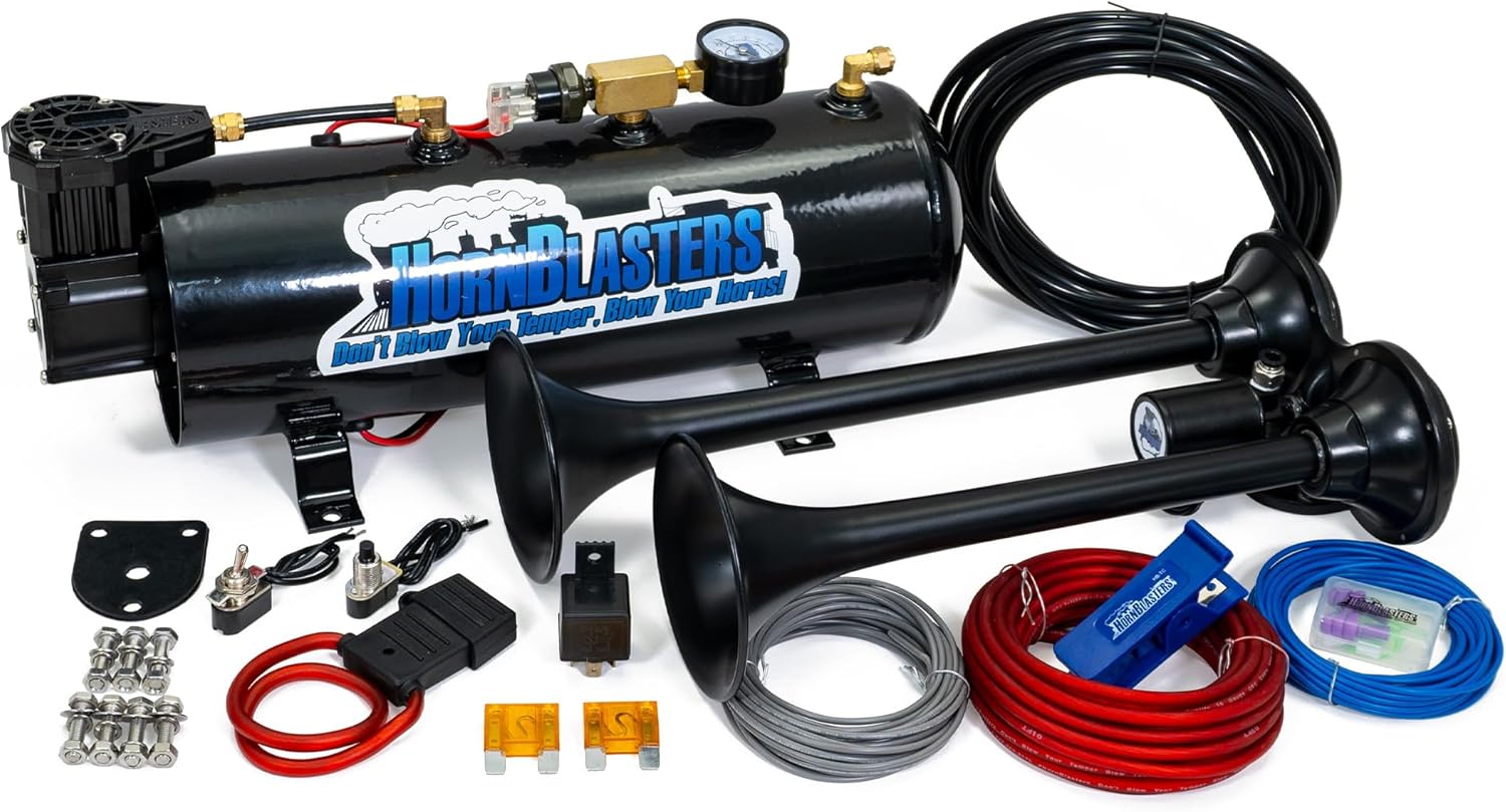 HornBlasters 12V 2-Chime 3-Liter Air Horn Kit with 110 PSI 3-Liter Air Source Unit & 2-Chime Stealth Black Air Horn for Cars & Trucks