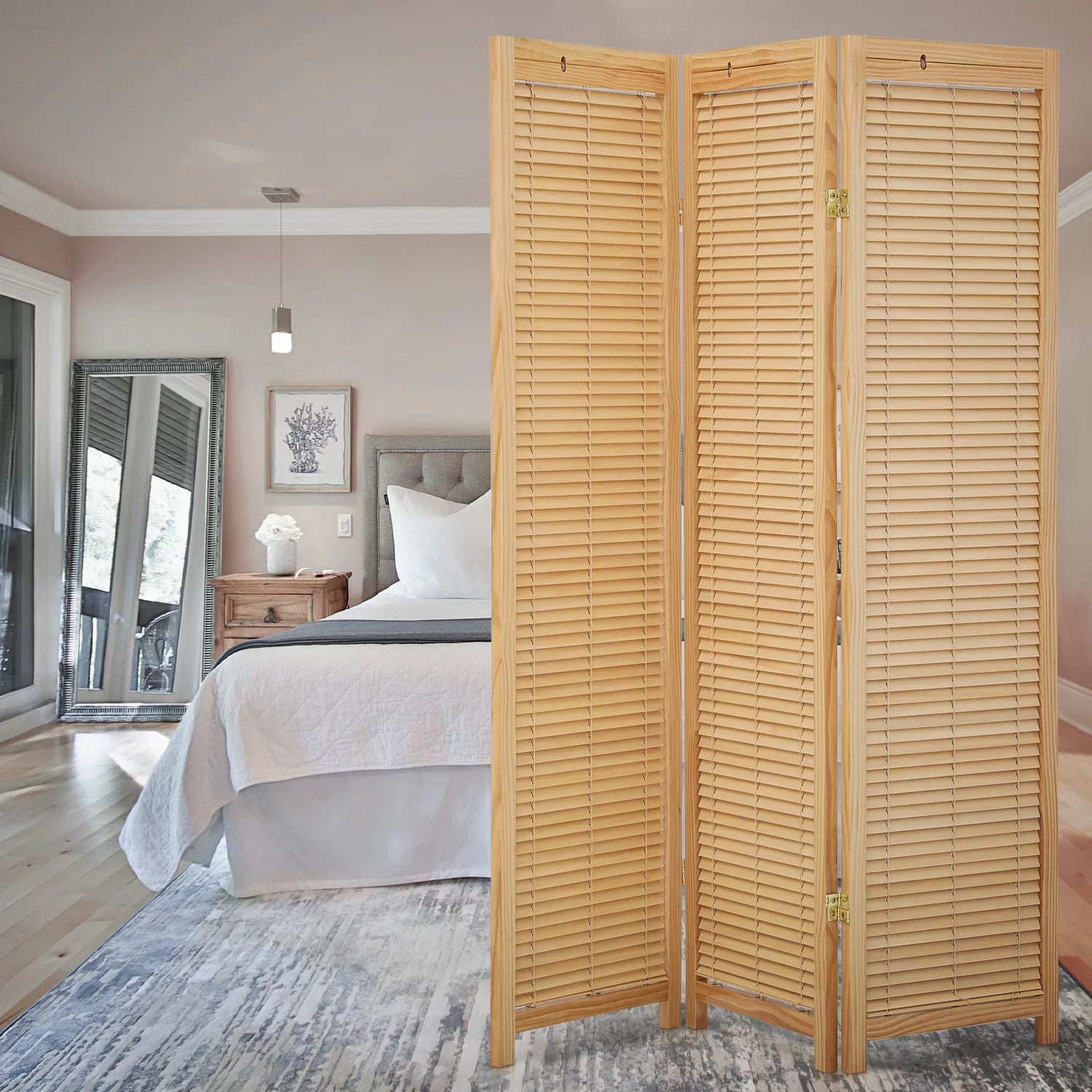 5.6 ft Foldable Room Divider, 3 Panel Wood Privacy Screen U937420