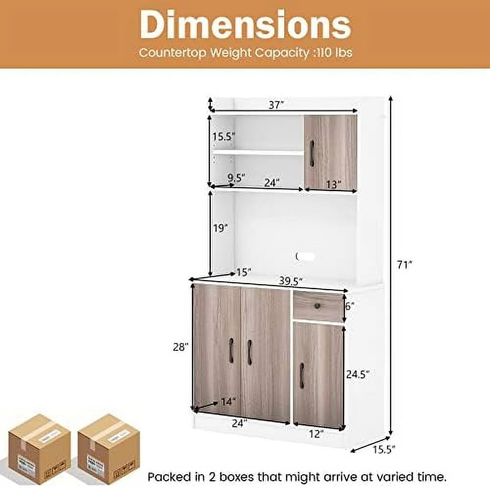 Kitchen Pantry Cabinet 71'' Freestanding Microwave Cupboard with 3 Cabinets and Drawer P5840