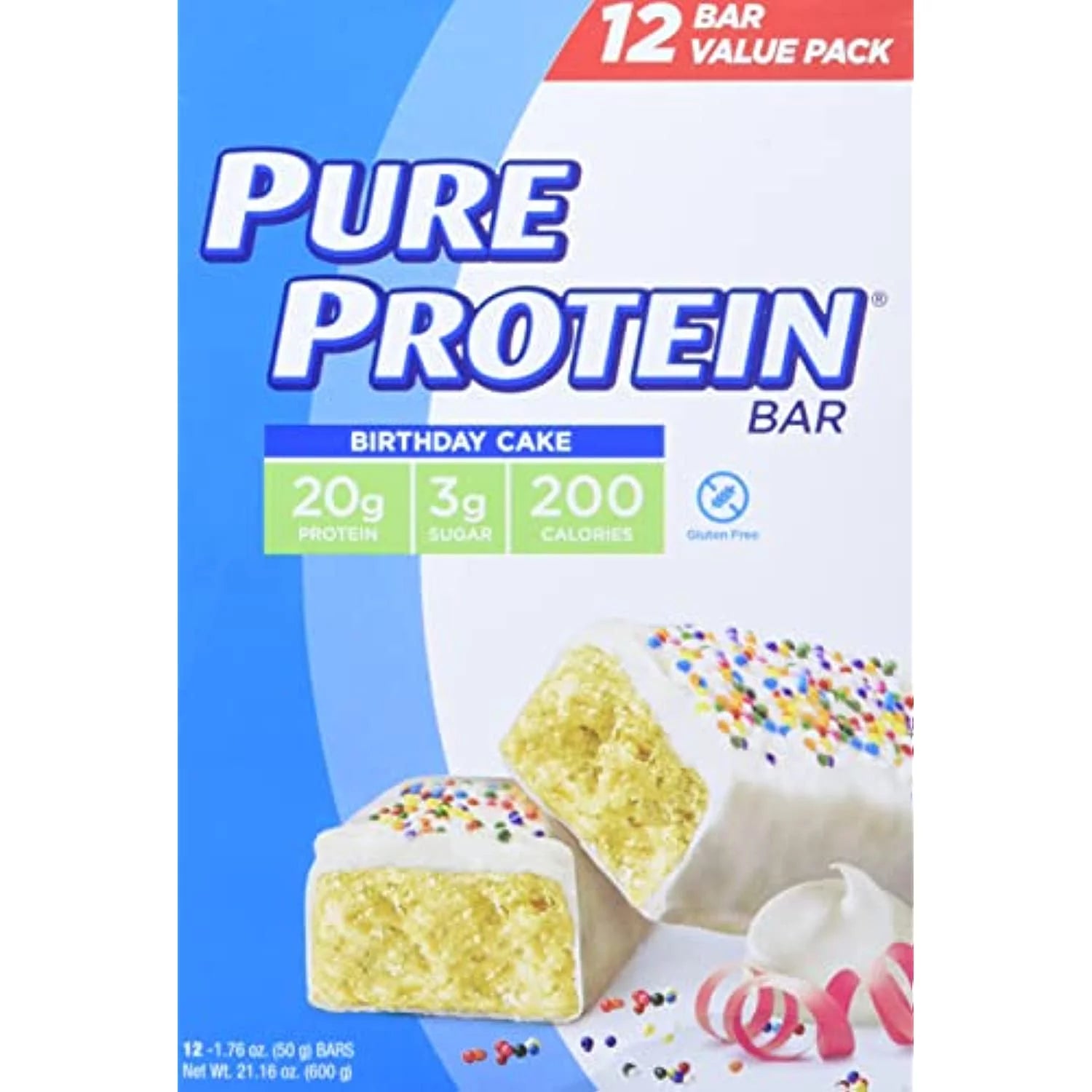 Protein Bars, High Protein, Low Sugar, Gluten Free, Birthday Cake, 1.76 Oz, Pack of 12 N8545