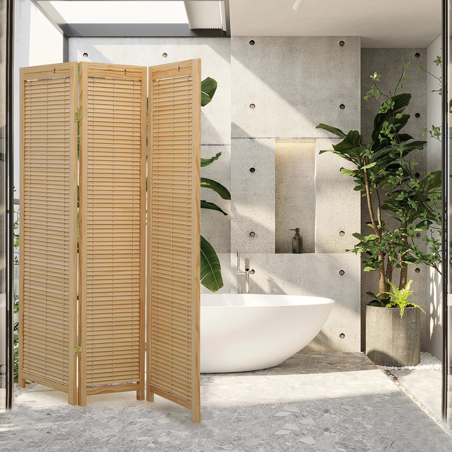 5.6 ft Foldable Room Divider, 3 Panel Wood Privacy Screen U937420