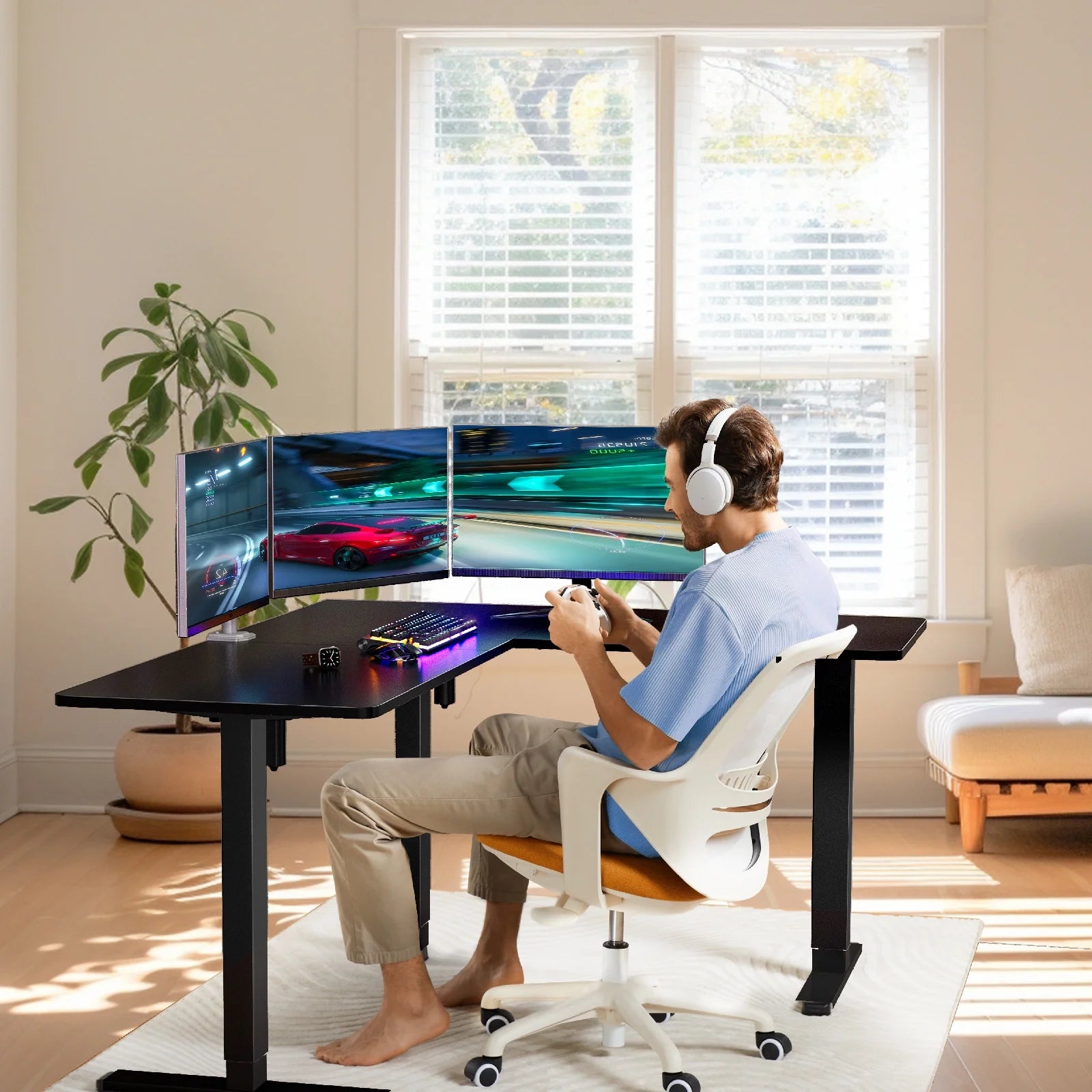 L-Shaped Electric Standing Desk, 63 Inch Double Motor, Vintage Brown Y324562