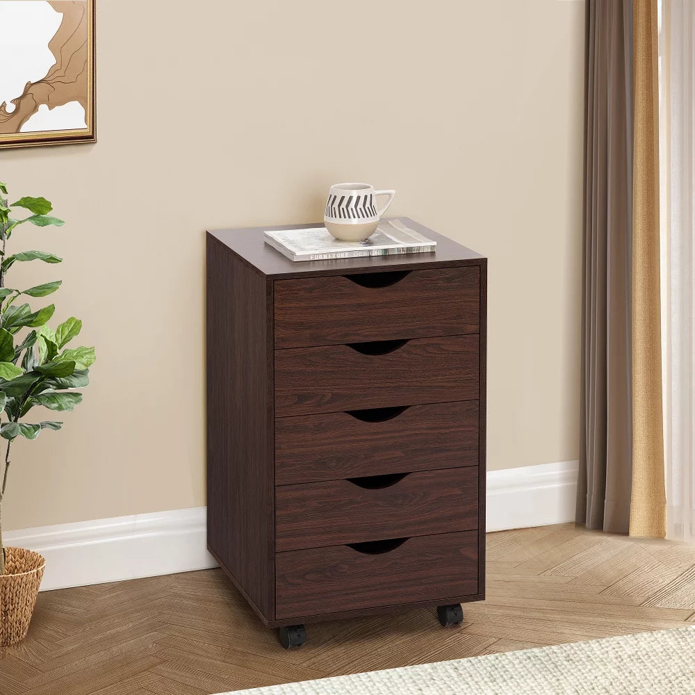 5 Drawer Chest with Wheels, Wood Storage Dresser - Espresso B12627