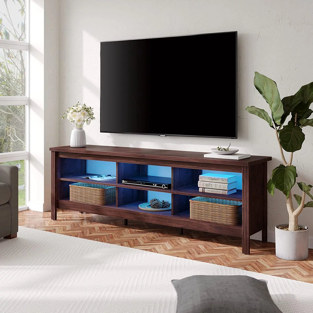 TV Stand for TVs up to 75 Inches with LED Lights and 6 Cubby Storage U228