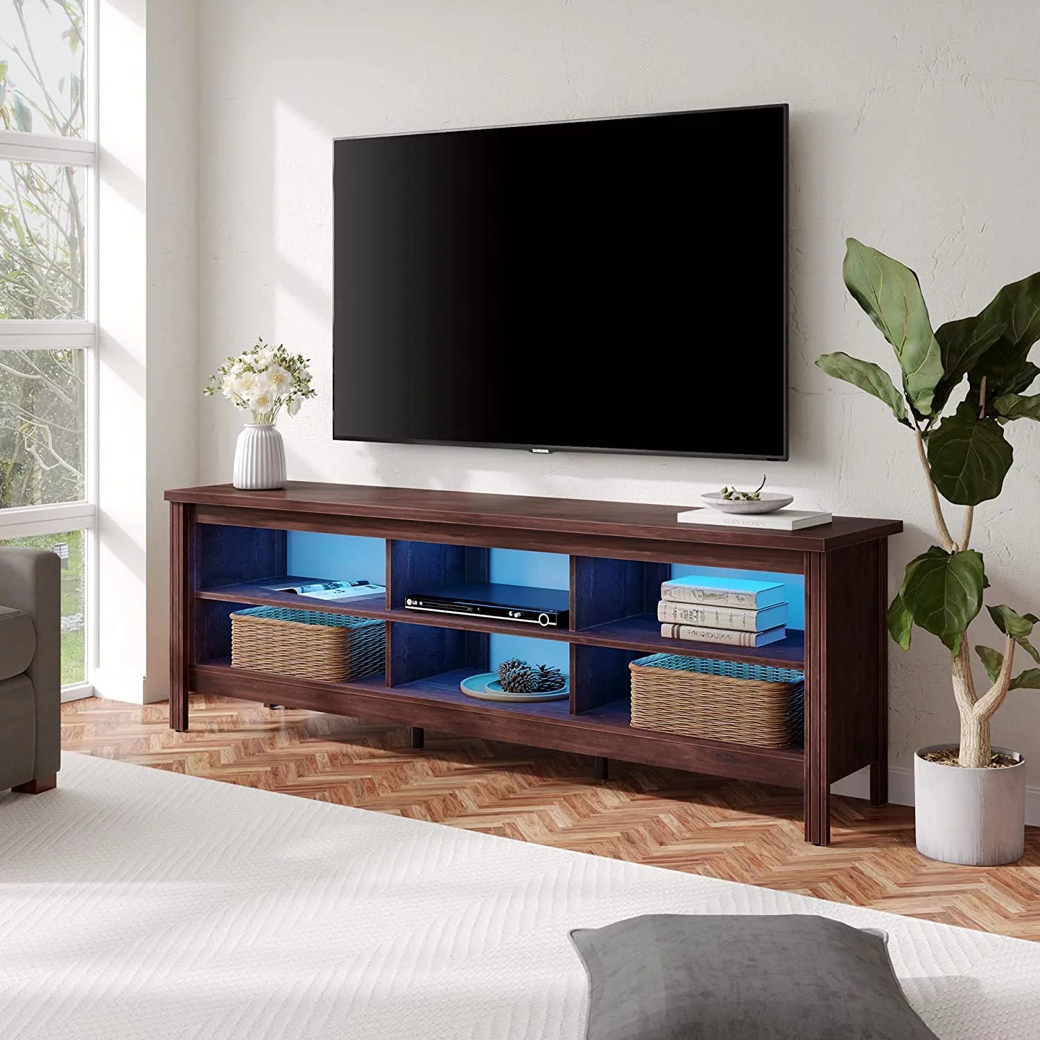 TV Stand for TVs up to 75 Inches with LED Lights and 6 Cubby Storage U228