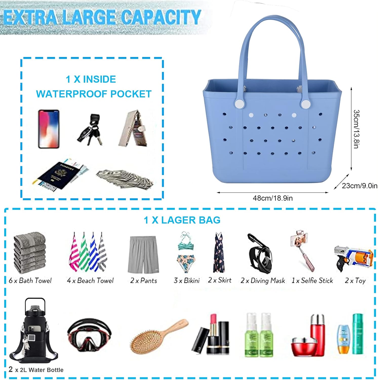 Large Rubber Beach Bag Waterproof Sandproof Tote V8494