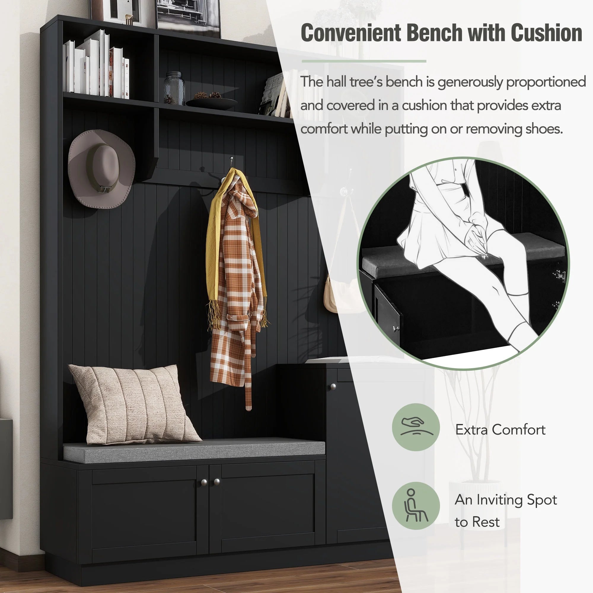 Hall Tree with Bench and Shoe Storage, Coat Rack with Cushion, Black P6332