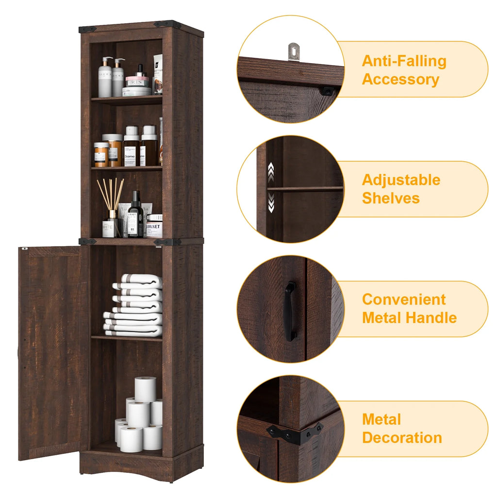 Farmhouse Storage Cabinet, 5-Shelf Tall Bathroom Organizer with Barn Door, Brown D6816