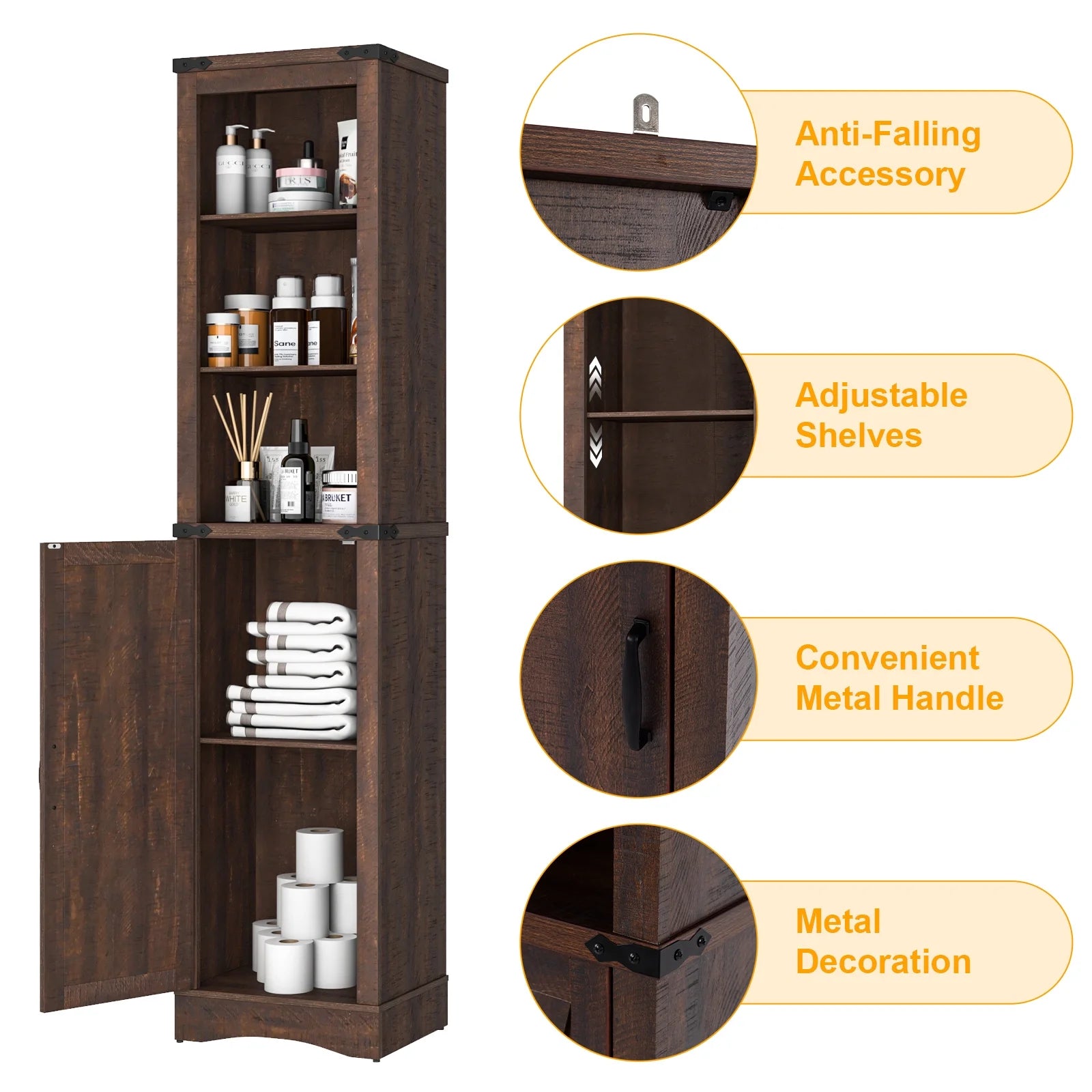 Farmhouse Storage Cabinet, 5-Shelf Tall Bathroom Organizer with Barn Door, Brown D6816