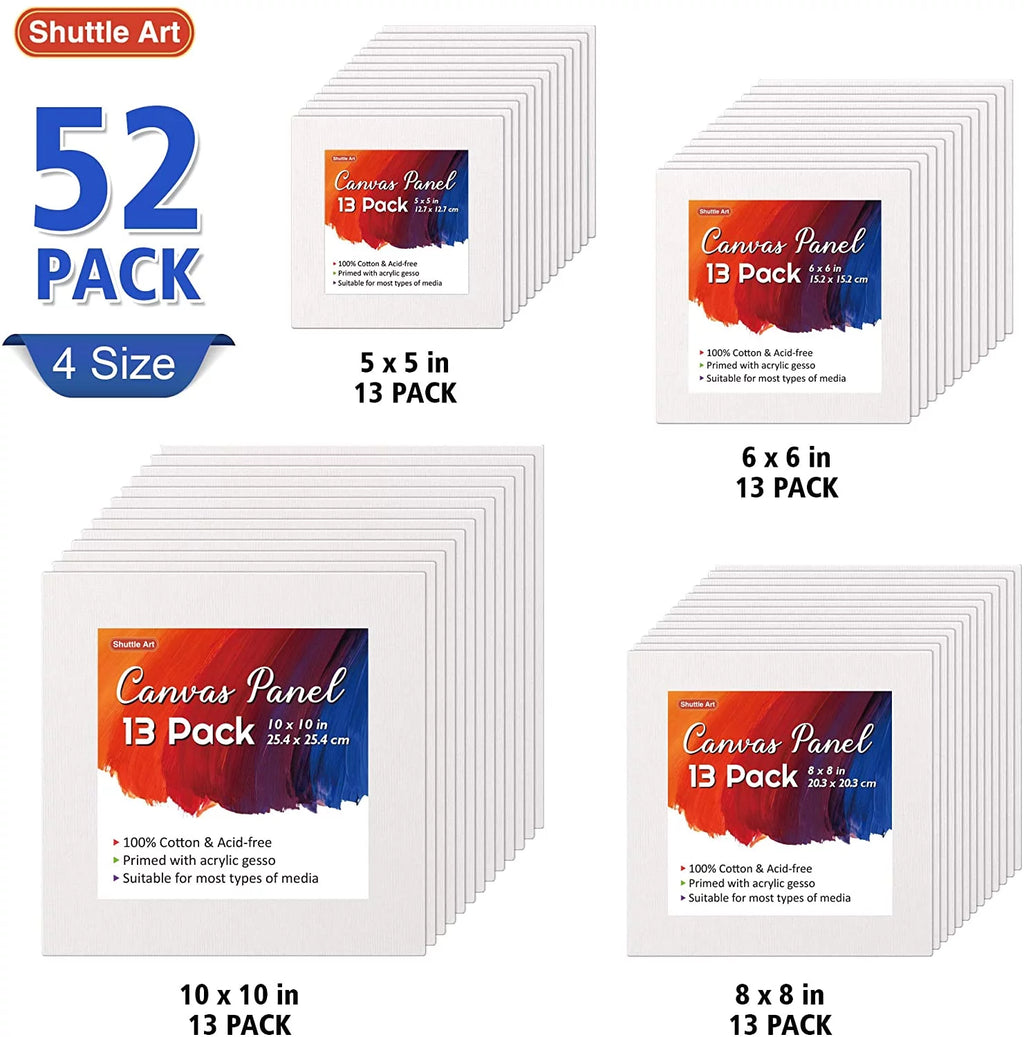 Painting Canvas Panel, 52 Pack, Multi Size, 100% Cotton, Primed White N331