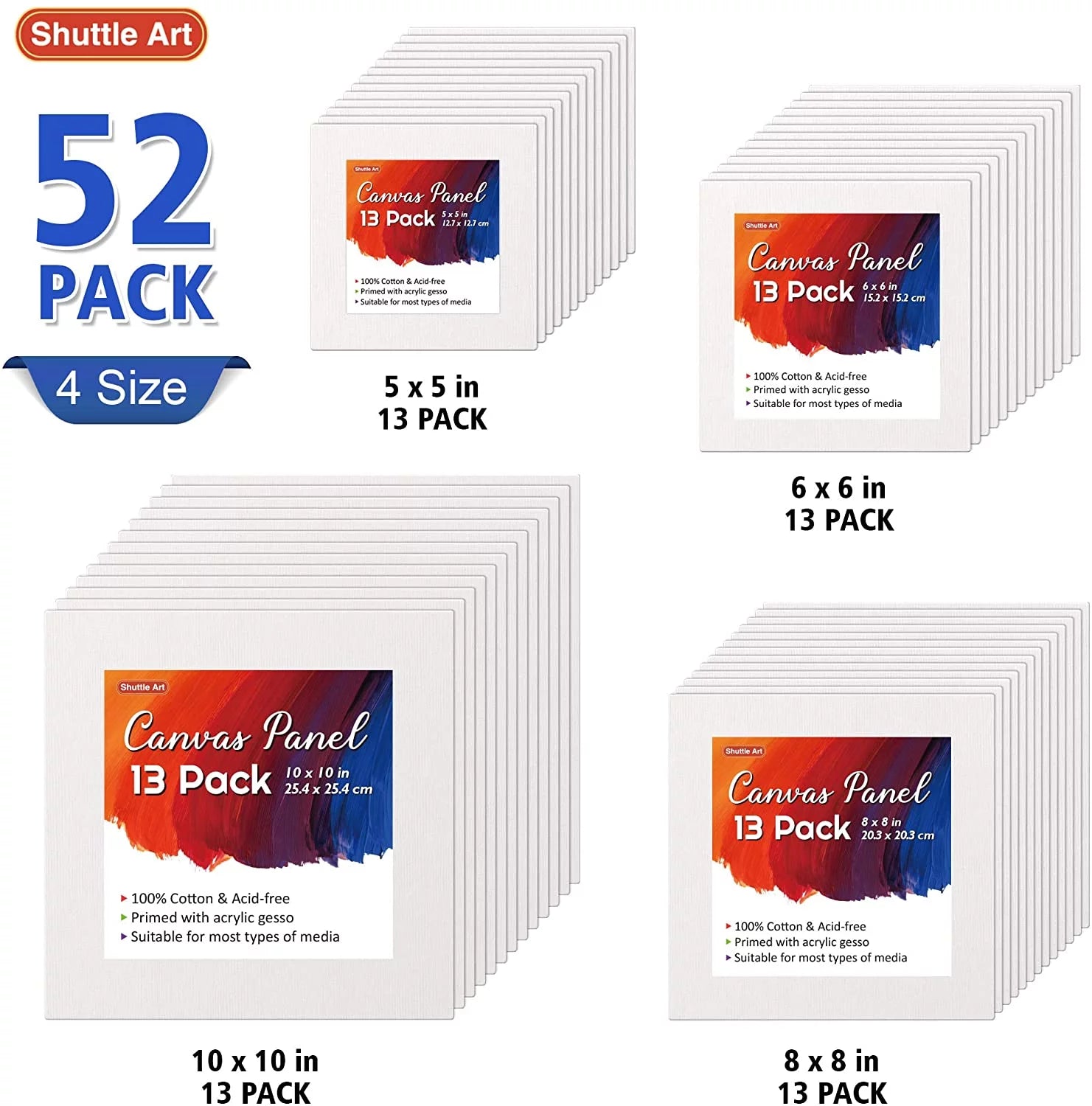 Painting Canvas Panel, 52 Pack, Multi Size, 100% Cotton, Primed White N331