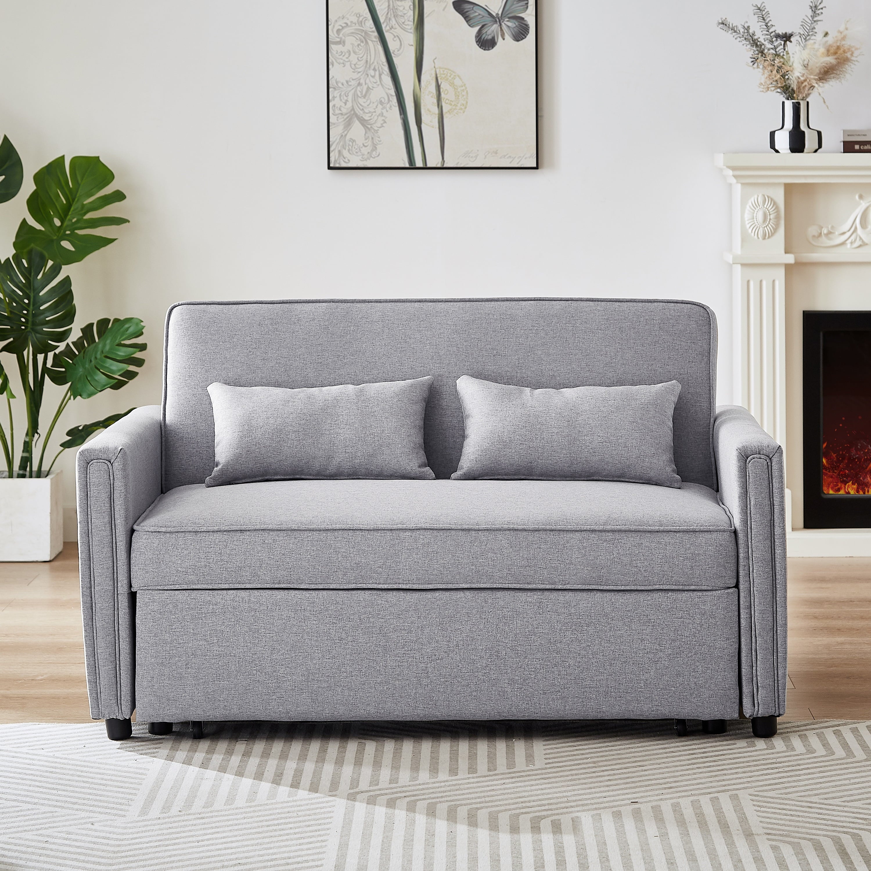 Sleeper Sofa Bed, 54" Modern Convertible Pull Out Couch Loveseat - Gray W4146