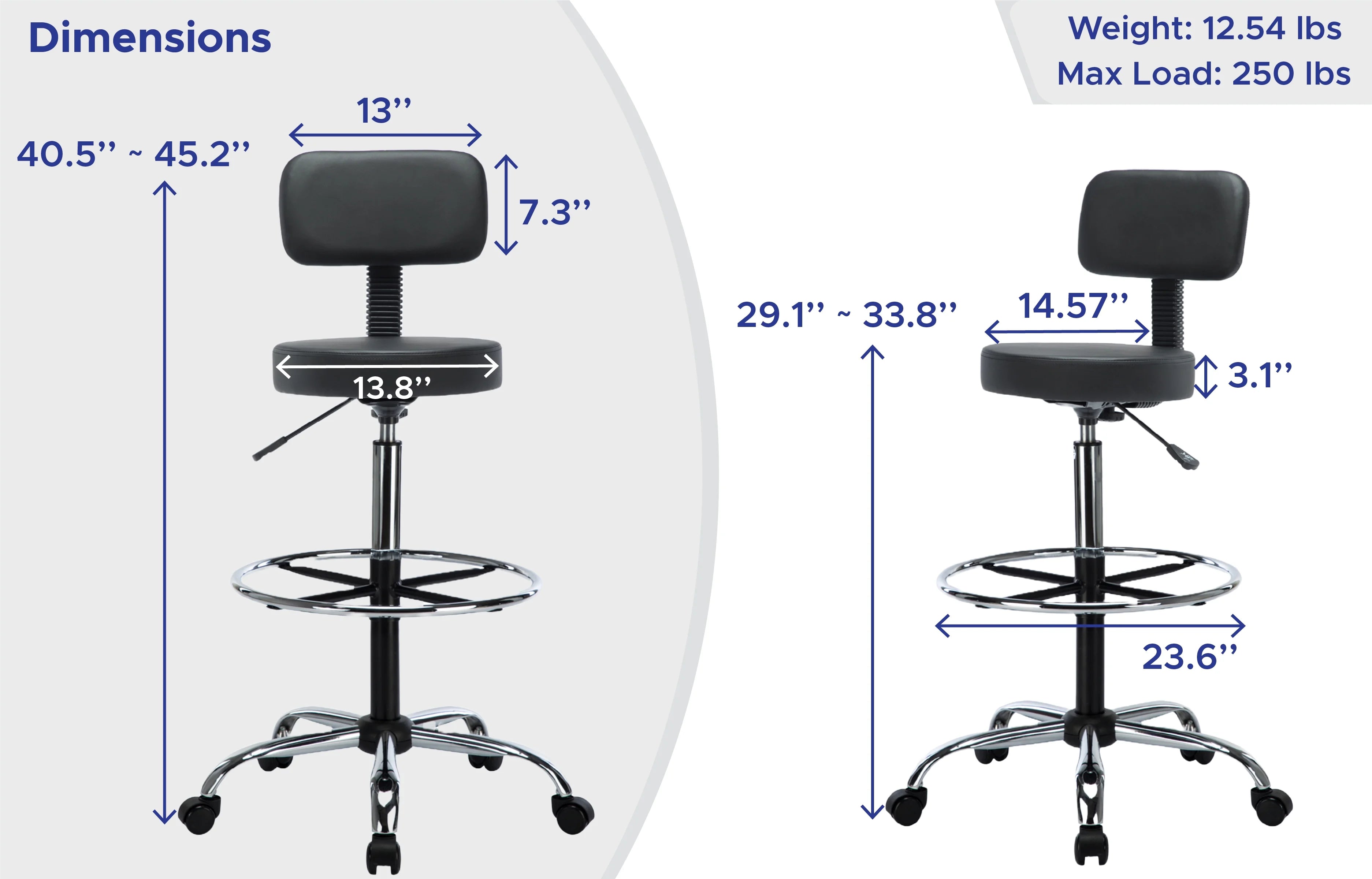 Height Adjustable Drafting Stool with Backrest, Faux Leather, Rolling Wheels D302274