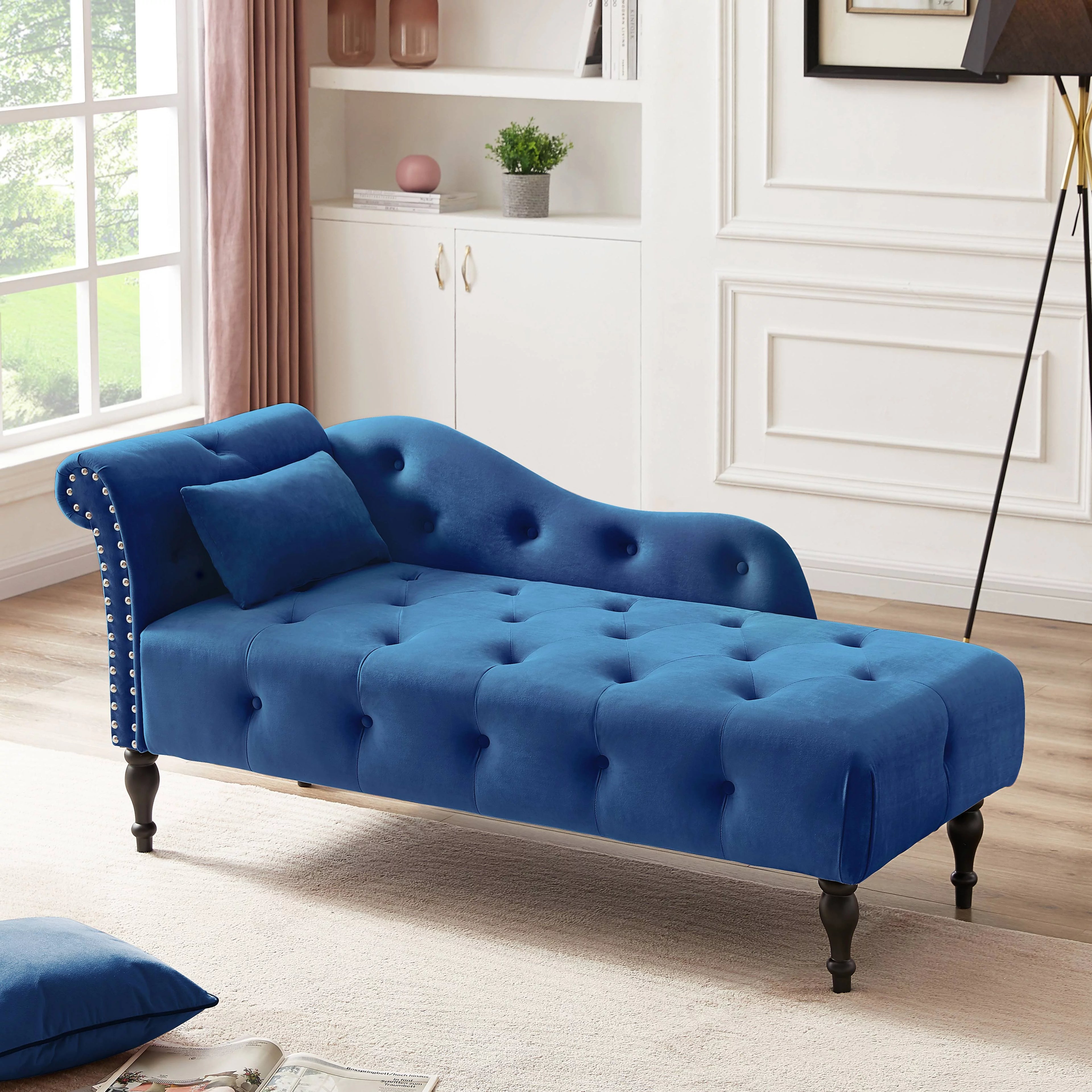 Modern Lounge Chaise Indoor, Upholstered Accent Chair with Button Tufted Seat and Solid Wooden Legs, Blue H5118
