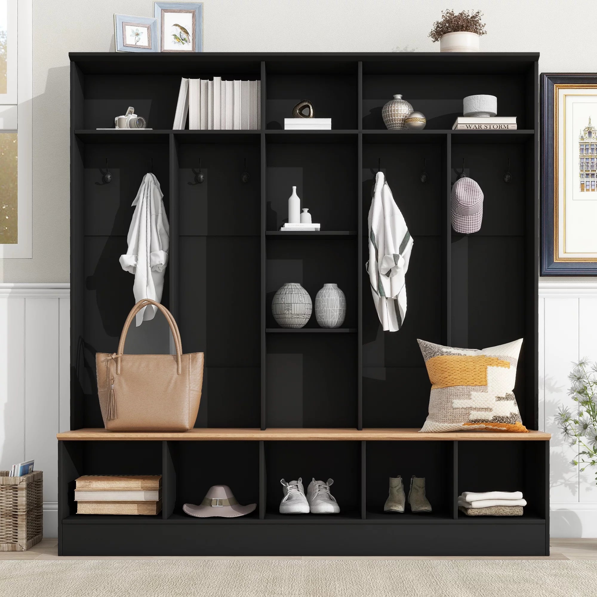Wide Hall Tree with Storage Bench and 8 Hooks, Black B527