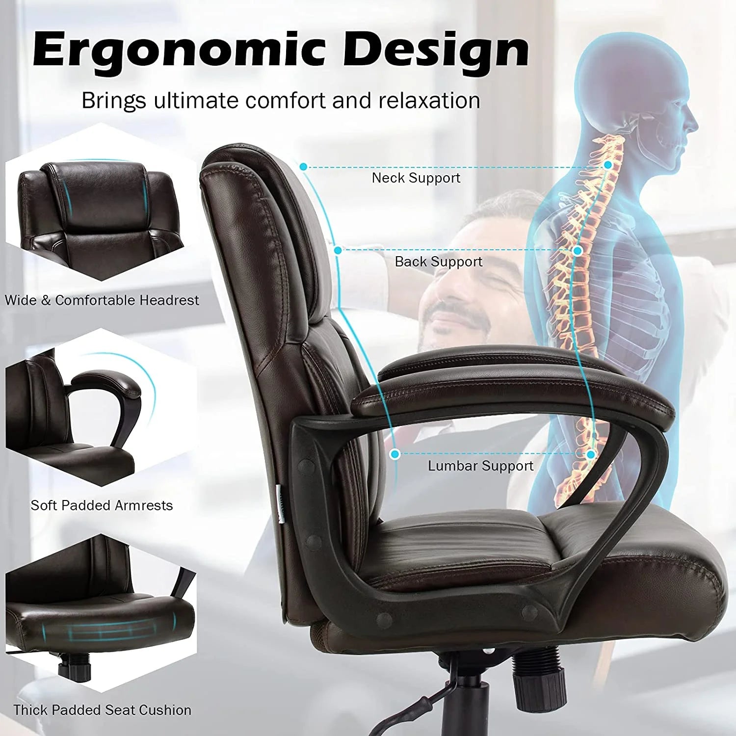 Office Chair Leather Ergonomic Mid Back Computer Desk Chair with Padded Armrests, Dark Brown R8686