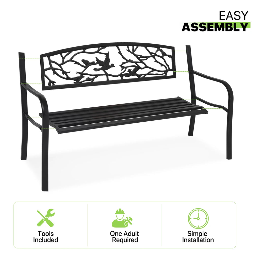 Outdoor Cast Iron Patio Bench with Bird Design Backrest Z971510