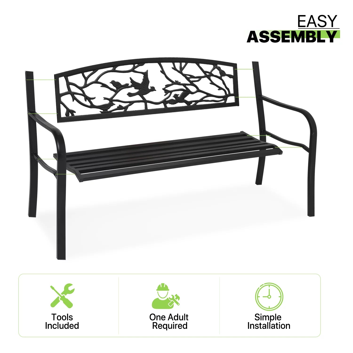 Outdoor Cast Iron Patio Bench with Bird Design Backrest Z971510