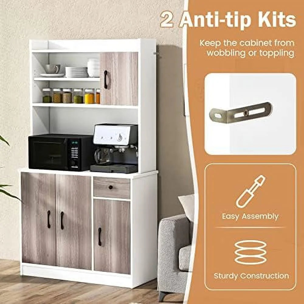 Kitchen Pantry Cabinet 71'' Freestanding Microwave Cupboard with 3 Cabinets and Drawer P5840