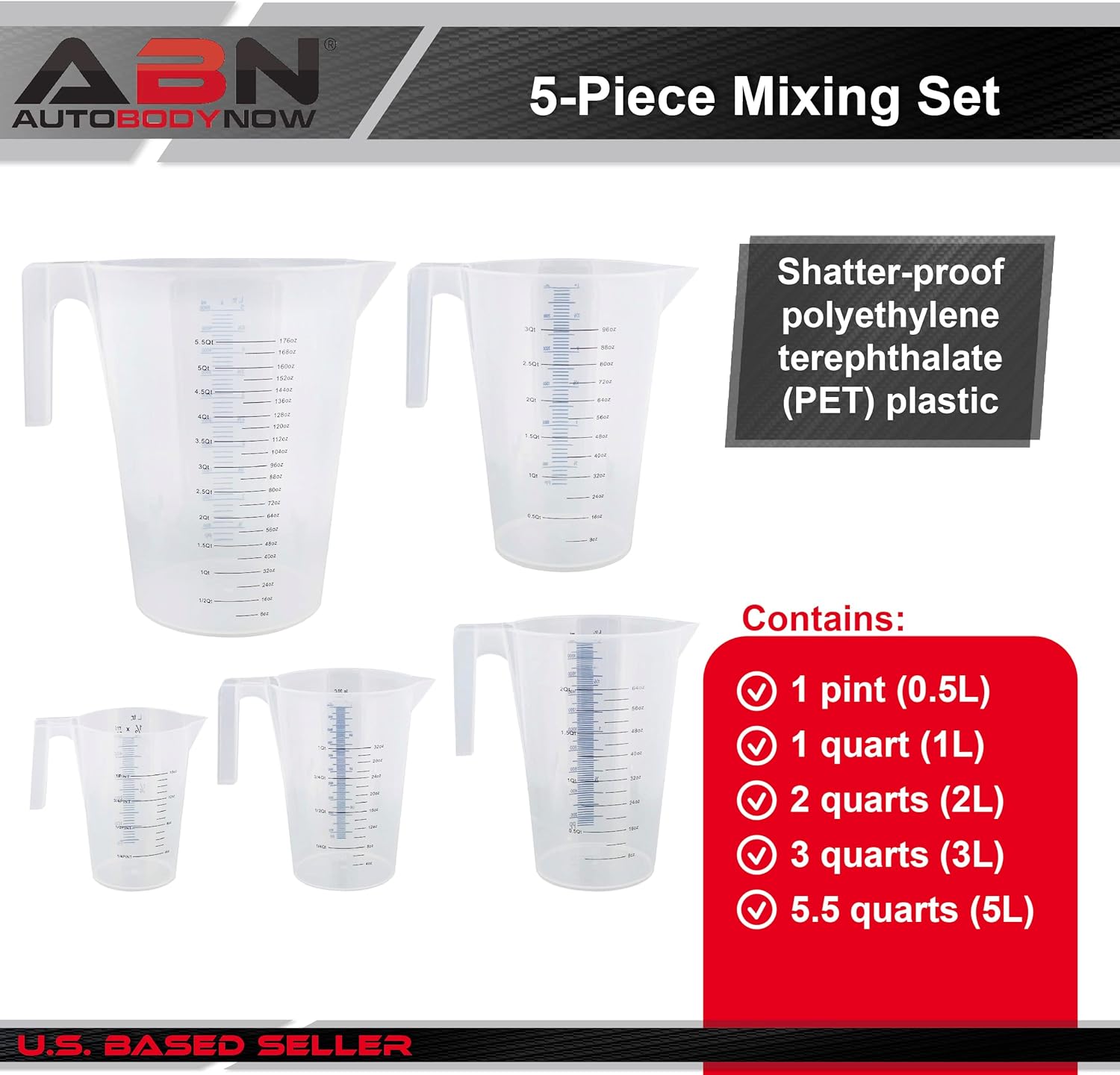 5 Piece Graduated Paint Mixing Pitchers, Quart and Gallon Sized Plastic Cups G821828