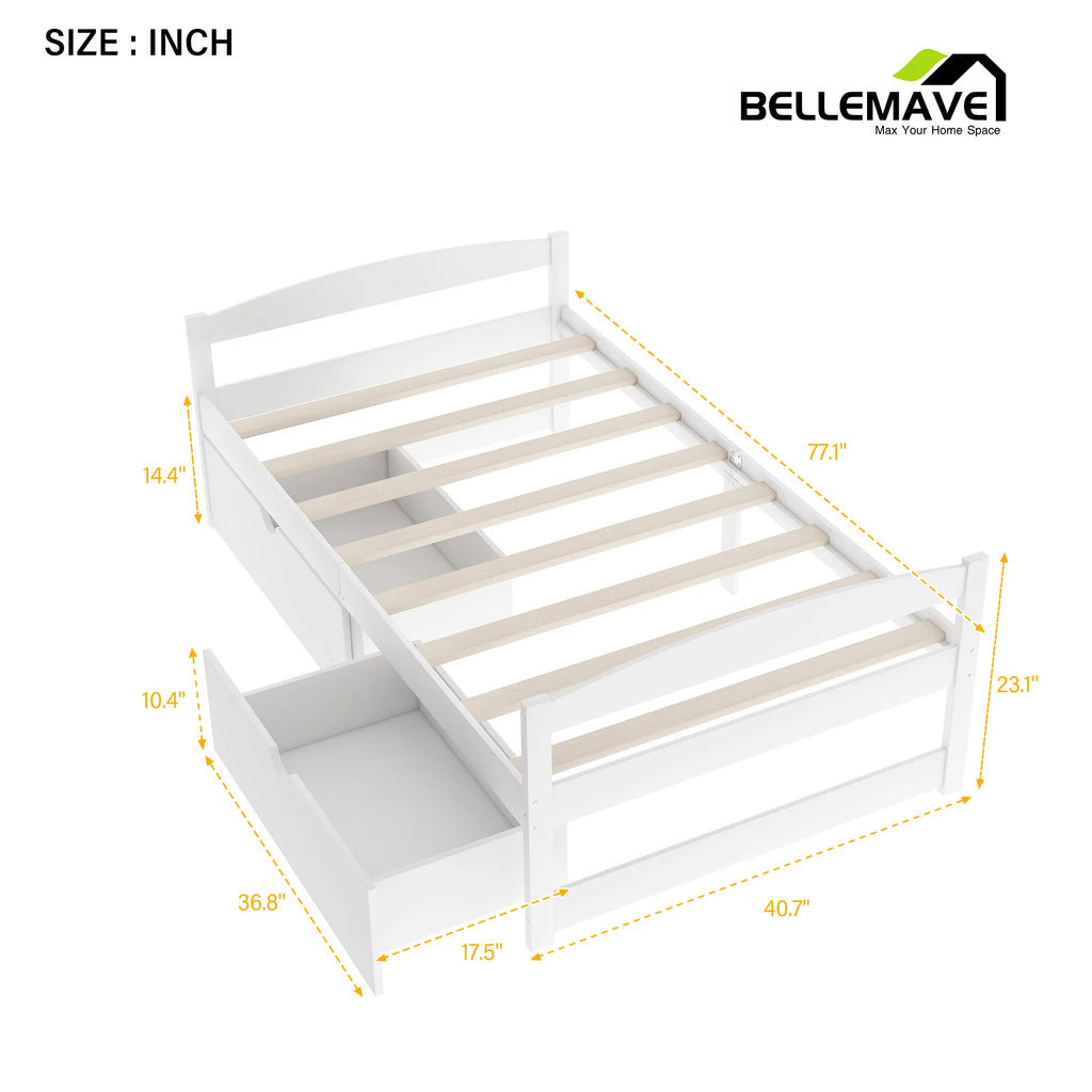 White Twin Size Platform Bed with 2 Drawers Y907384