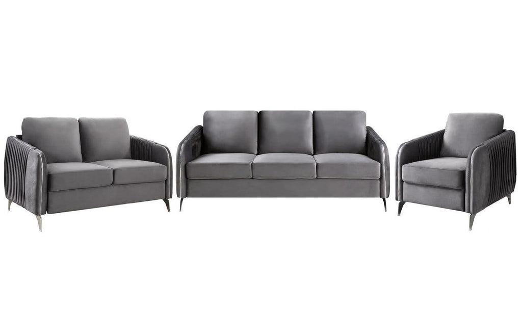 Gray Velvet Living Room Set with Vertical Channel-Quilted Design K1547