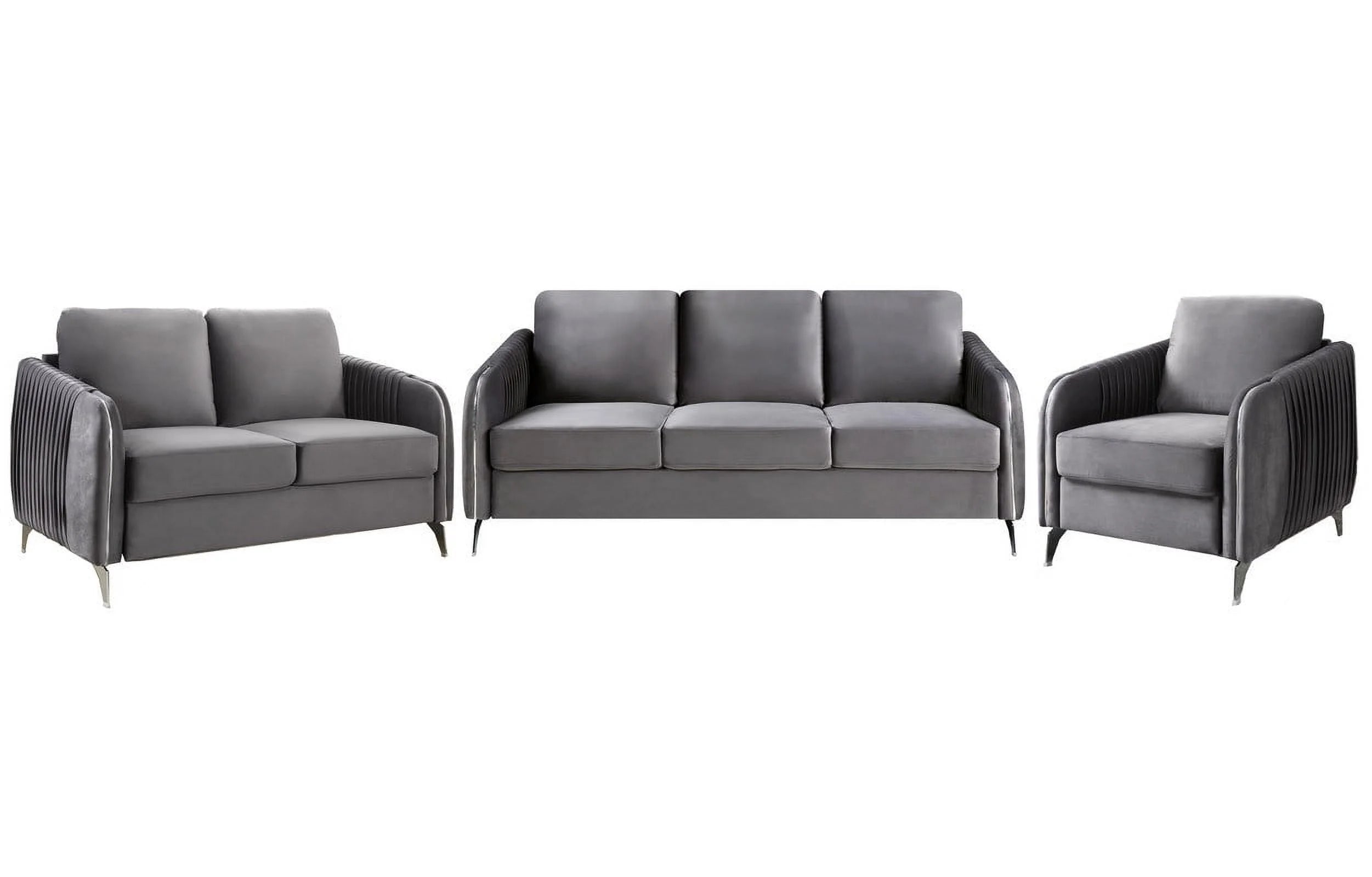 Gray Velvet Living Room Set with Vertical Channel-Quilted Design K1547