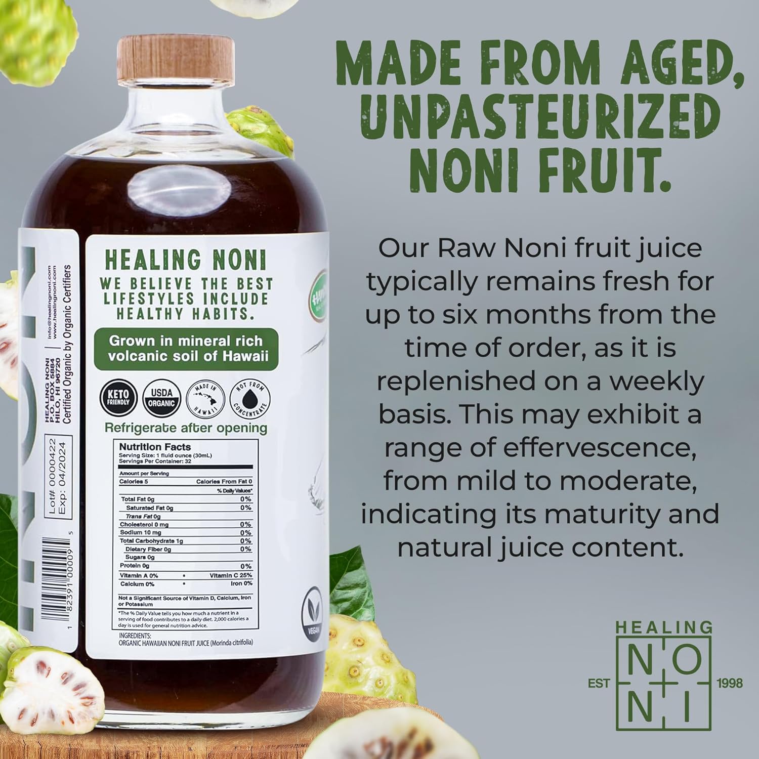 Organic Noni Juice 32oz Glass Bottle 2-Pack Unsweetened T4663