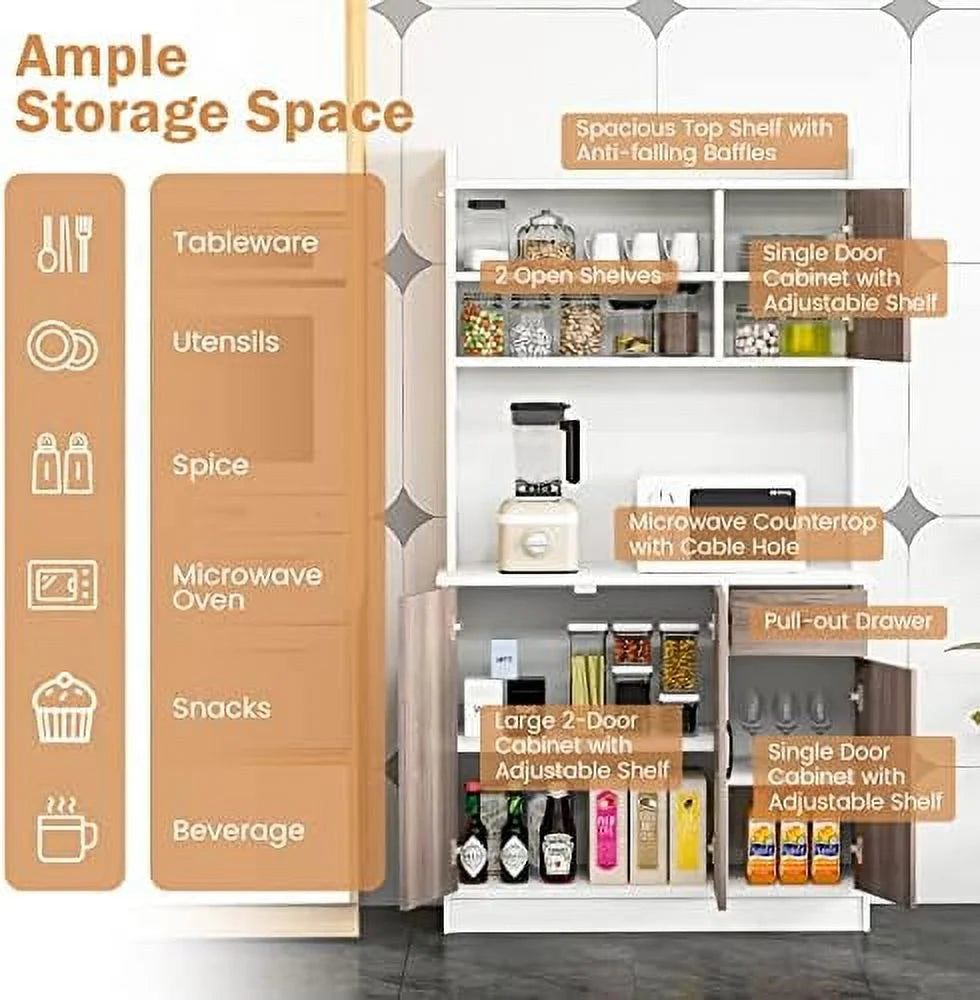 Kitchen Pantry Cabinet 71'' Freestanding Microwave Cupboard with 3 Cabinets and Drawer P5840