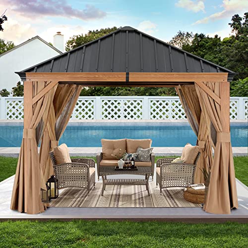 Outdoor Metal Hardtop Gazebo 8x8 with Netting and Curtain for Patio Backyard R36696