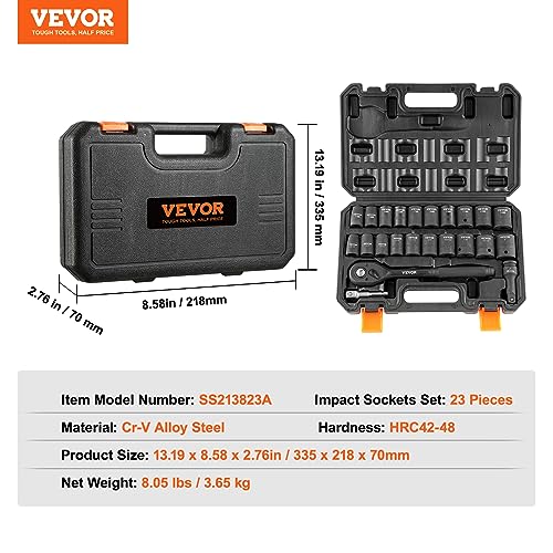 1/2" Drive Impact Socket Set, 23 Piece, SAE & Metric, Cr-V Alloy Steel R7208