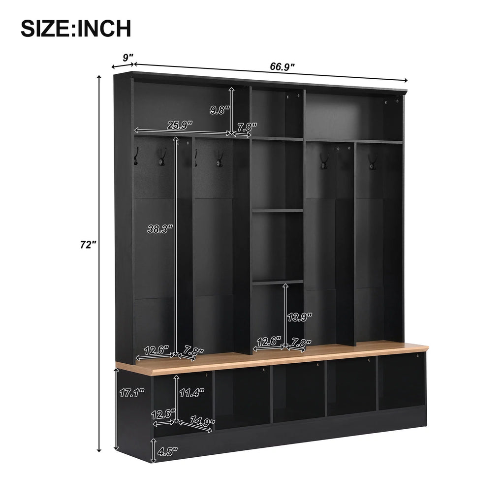 Wide Hall Tree with Storage Bench and 8 Hooks, Black B527