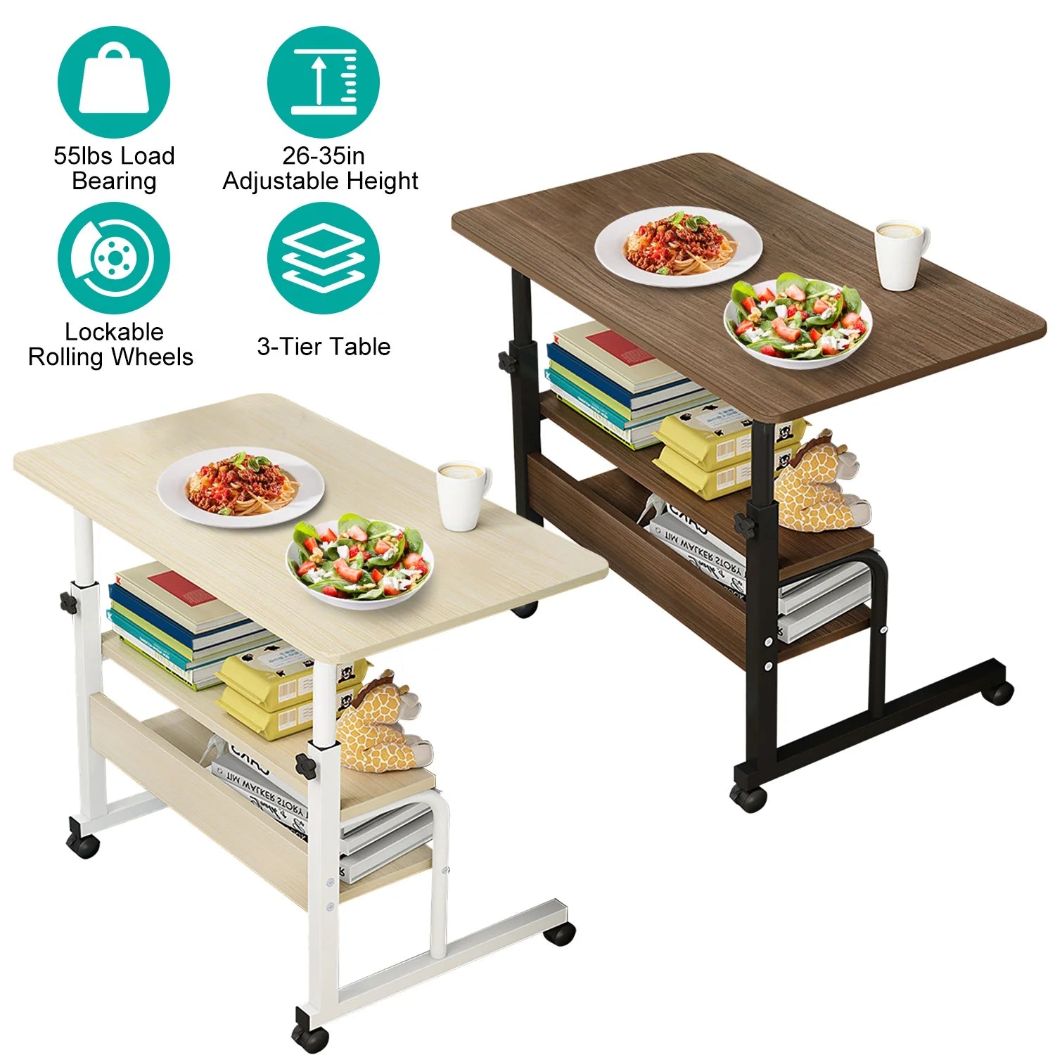Mobile Laptop Table 3-Tier with Wheels, Height Adjustable, Beige S11889